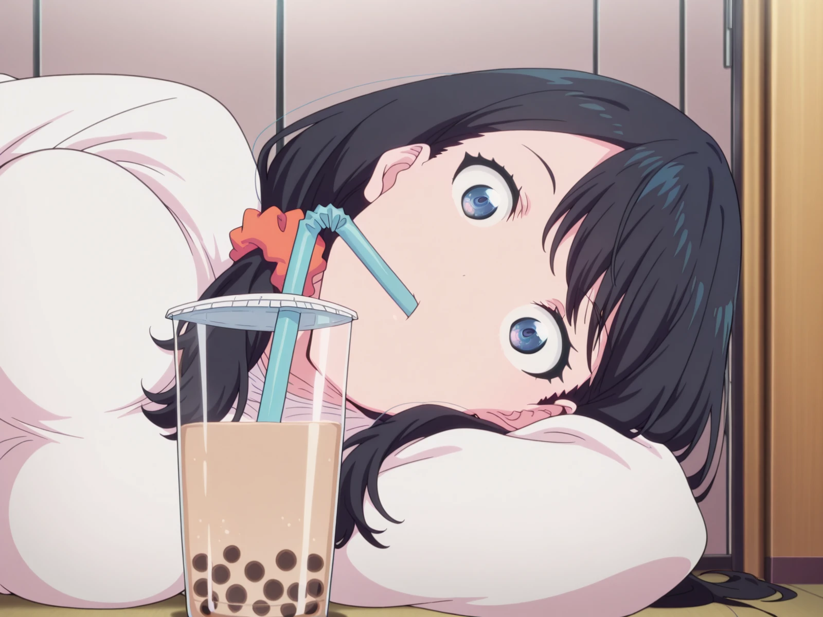 masterpiece, best quality, amazing quality,, <lora:rikka-takarada-s1-illustriousxl-lora-nochekaiser:1>, rikka takarada, takarada rikka, black hair, blue eyes, long hair, orange scrunchie, scrunchie, wrist scrunchie, mature female, medium breasts, anime screencap, <lora:airashiratori-drinking-milk-tea-illustriousxl-lora-nochekaiser:1>, airashiratori drinking milk tea, solo, looking at viewer, upper body, black eyes, cup, meme, drinking straw, drinking, bubble tea, on side, on floor,, , ,