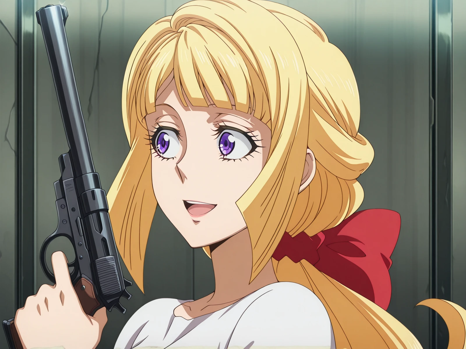 masterpiece, best quality, amazing quality,, <lora:kudelia-aina-bernstein-anime-illustriousxl-lora-nochekaiser:1>, kudelia aina bernstein, purple eyes, long hair, blonde hair, bangs, blunt bangs, low-tied ponytail, hair bow, red bow, mature female, medium breasts, anime screencap,, <lora:lums-cell-duplicator-gun-illustriousxl-lora-nochekaiser:1>, solo, smile, open mouth, holding, upper body, weapon, holding weapon, gun, holding gun, handgun, looking to the side,, , ,