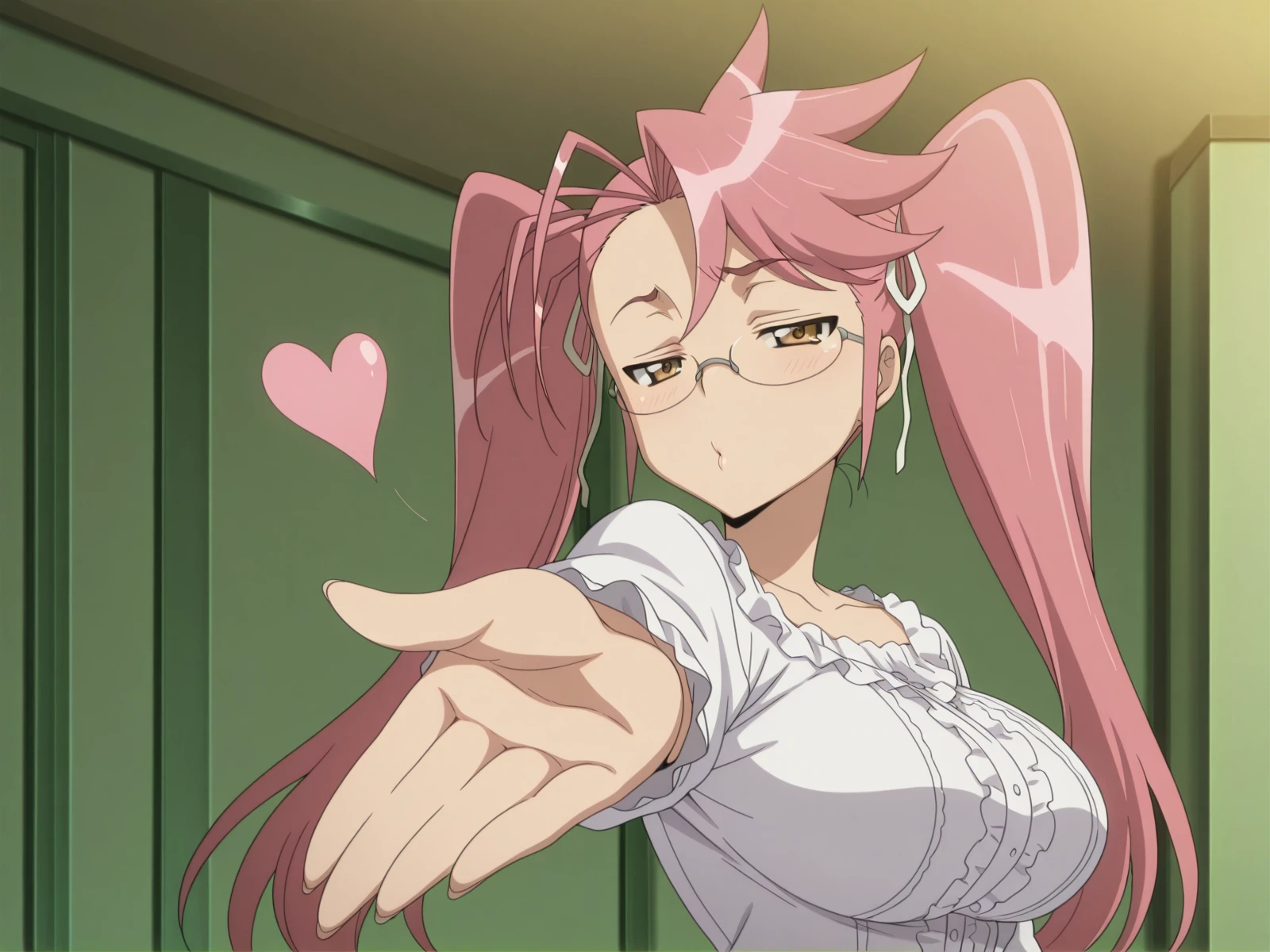 masterpiece, best quality, amazing quality,, <lora:saya-takagi-s1-illustriousxl-lora-nochekaiser:1>, saya takagi, takagi saya, long hair, ribbon, twintails, brown eyes, hair ribbon, pink hair, glasses, mature female, large breasts, anime screencap, <lora:suzuka-dairenjis-blowing-kiss-illustriousxl-lora-nochekaiser:1>, suzuka dairenji's blowing kiss, solo, heart, outstretched hand, blowing kiss, foreshortening, half-closed eyes, looking at viewer,, , ,