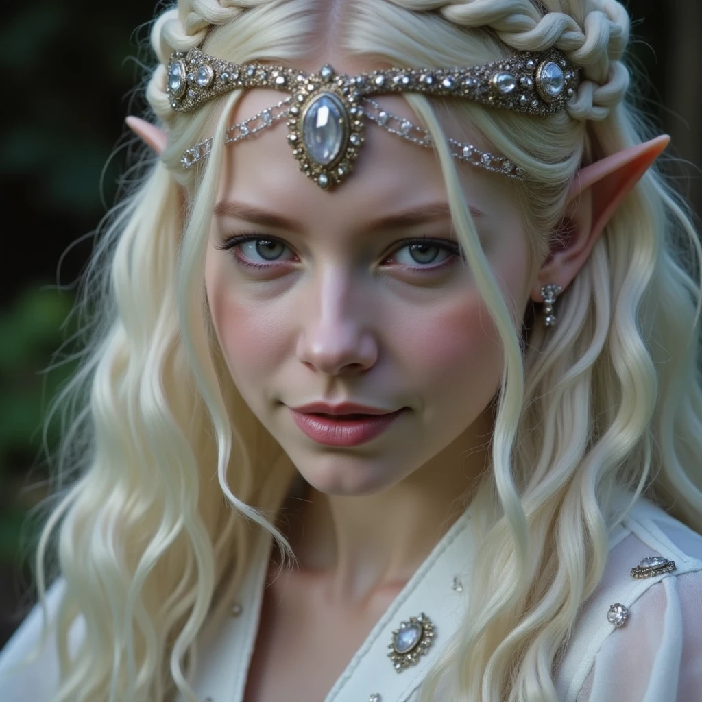 Close-up of the elf-queen, dressed in a white, flowing garment with small, sparkling embellishments. Her golden silver hair is braided with silver and gold ribbons. She wears a ring with a glowing white crystal on her right index finger. Her intricate headpiece resembles a crown or decorative headband. Soft, ethereal light and shadow create a mystical atmosphere. Her face seems 18 years old but her light-grey eyes show the wisdom of 10,000 years. She smiles broadly, as if recalling a joyful memory.
