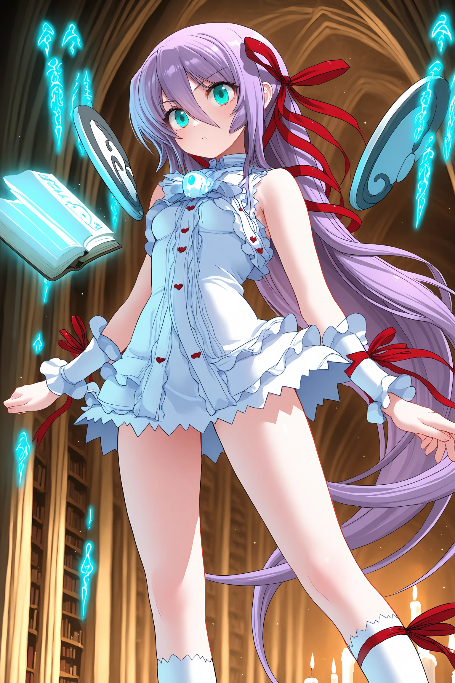 masterpiece, best quality, amazing quality, newest,detailed face, beautiful eye,<lora:AL_azif_V1.0_illustrious:1>,alazif,1girl,very long hair, ,red ribbon, hair ribbon, purple hair,green eyes,aqua eyes,small breasts,,ALoutfit1, dress, ribbon,wings, wrist cuffs, kneehighs, white socks,leg ribbon,shoes,white bowtie, library, ancient books, floating books, magic circle, glowing runes, candlelight, gothic architecture