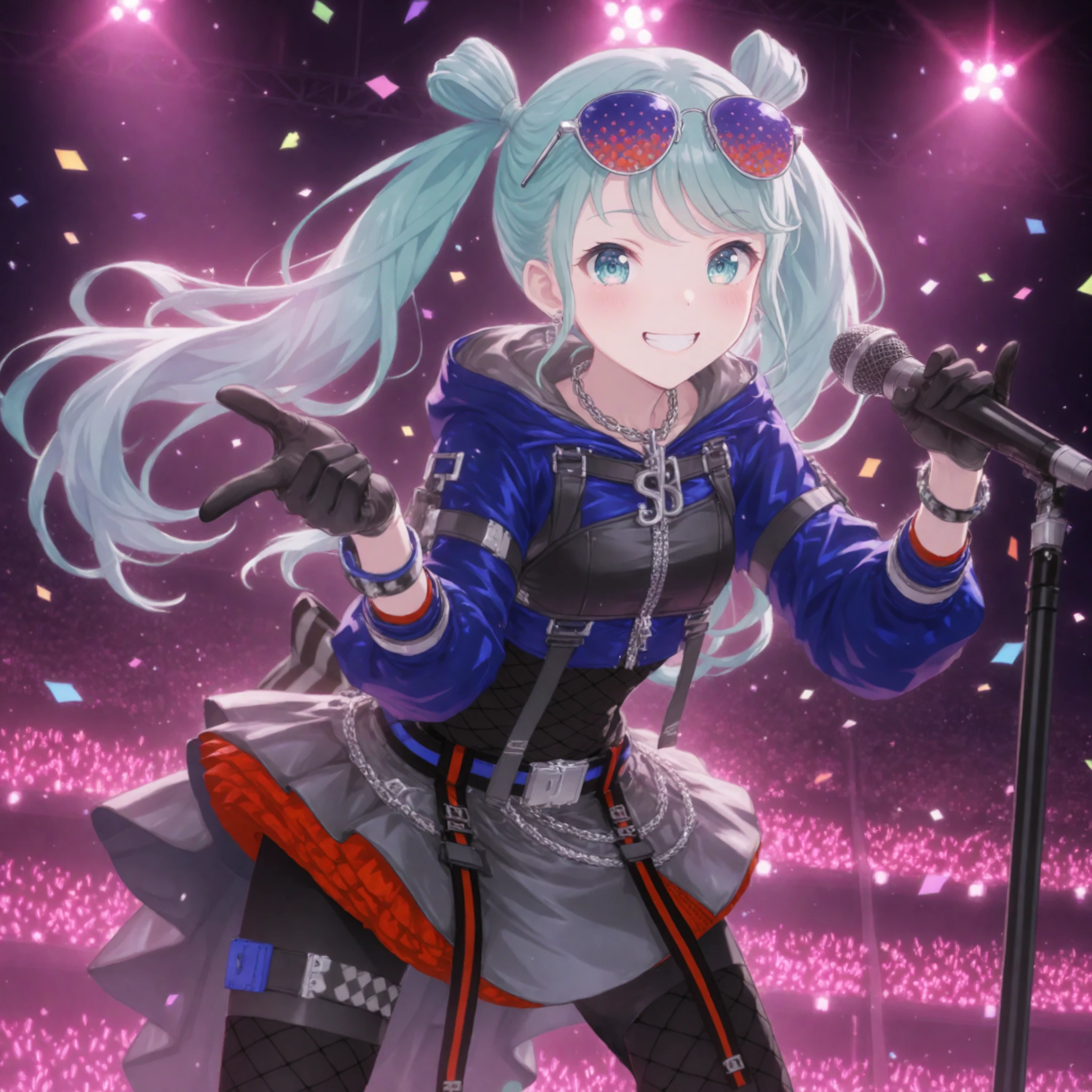 1girl, hatsune miku, project sekai, solo, from below,
resonance miku, aqua eyes, detailed eyes, grin,
looking at viewer, standing, , leaning forward, holding microphone, singing, four fingers and thumb, upper body shot,
belly fishnets, black gloves, eyewear on head, bracelet, zipper, cropped jacket, blue jacket, hooded jacket, grey miniskirt, black pantyhose, zipper pull tab, long sleeves, blue tinted eyewear, belt, snap-fit buckle, chain, black fishnet thighhighs, harness, layered skirt, thigh strap, wristband, belly chain, harness, multiple belts, drawstring, puffy sleeves, chain necklace,
dark, stage, stage light, neon light, confetti-flurry, psyllium, auditorium is filled with spectator,
nijistyle, masterpiece, amazing quality, very aesthetic, ultra detailed, highres,
<lora:hand 5.5:1>, <lora:IL-style-nijistyle02:0.6>, <lora:IL-style-JWST02:0.4>, <lora:IL-vs-ResonanceMk01:0.7>