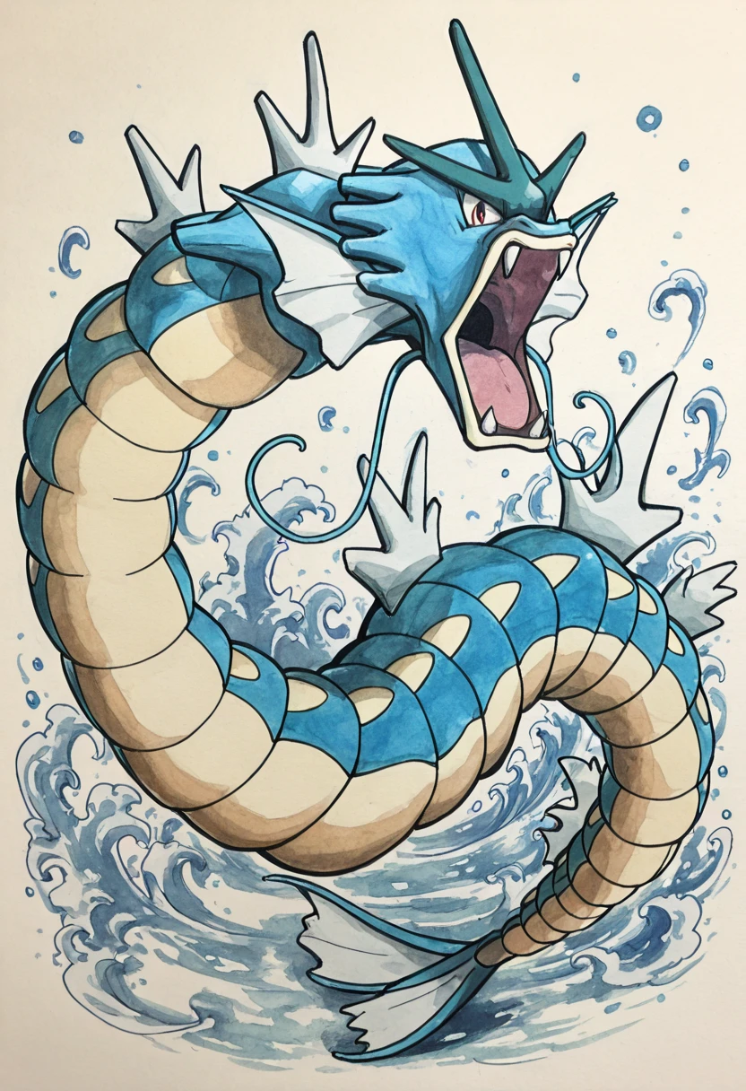 masterpiece, best quality, solo, zzGyarados, , <lora:GyaradosPokedex_IXL:1.0>, , solo, looking at viewer, traditional media, watercolor (medium),