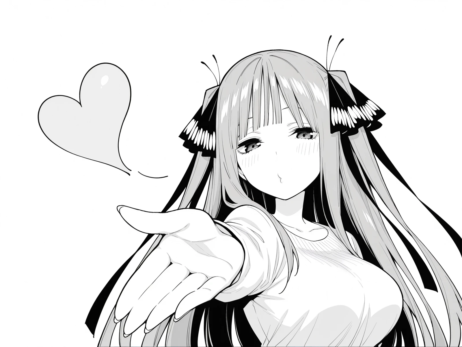masterpiece, best quality, amazing quality,, <lora:nino-nakano-manga-illustriousxl-lora-nochekaiser:1>, nino nakano, nakano nino, long hair, bangs, hair ornament, hair ribbon, blunt bangs, two side up, butterfly hair ornament, monochrome, greyscale, mature female, breasts, <lora:suzuka-dairenjis-blowing-kiss-illustriousxl-lora-nochekaiser:1>, suzuka dairenji's blowing kiss, solo, heart, outstretched hand, blowing kiss, foreshortening, half-closed eyes, looking at viewer,, , ,
