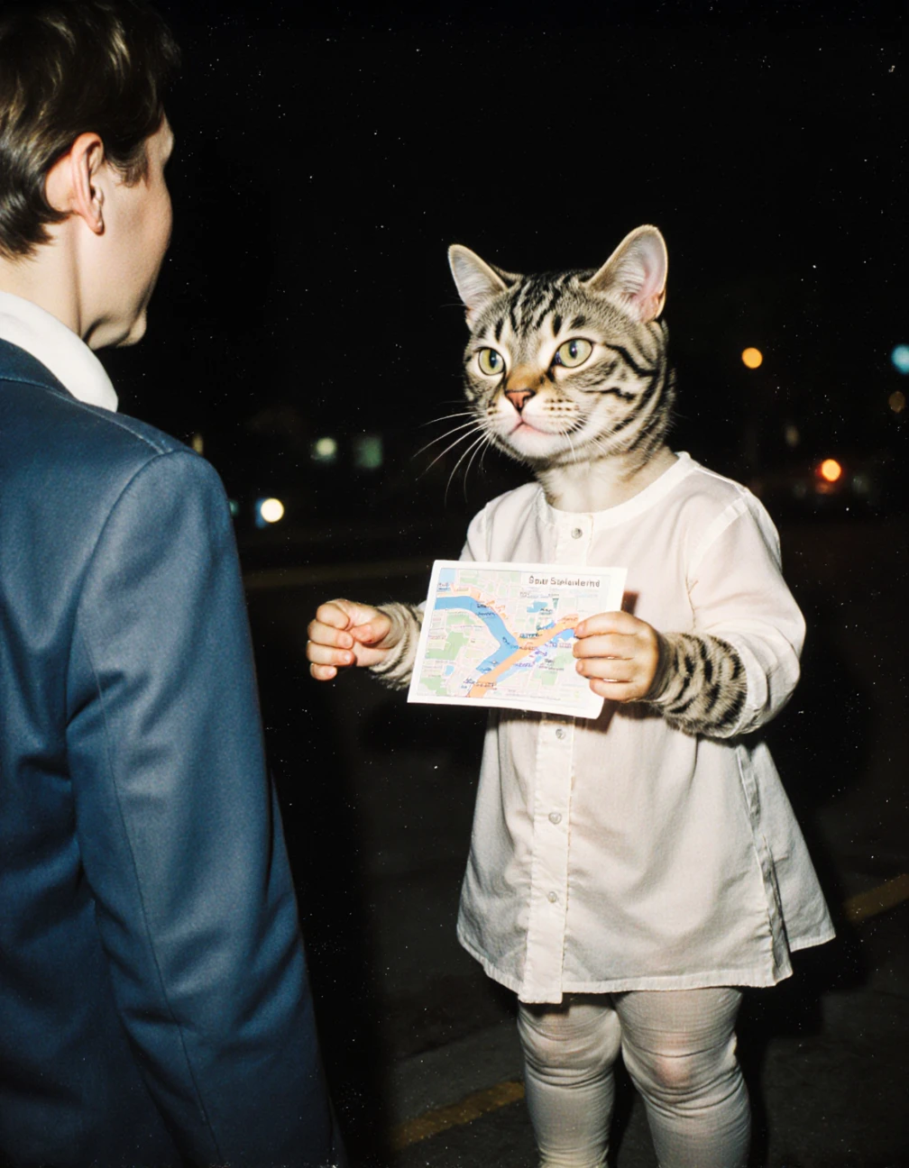 (analog grainy film still taken on polaroid film, vhs footage low quality, Analog distortion effect, Retro video quality) image of anthropomorphic cat baby unintentionally giving bad directions to a stranger. (analog grainy film still taken on polaroid film, vhs footage low quality, Analog distortion effect, Retro video quality)