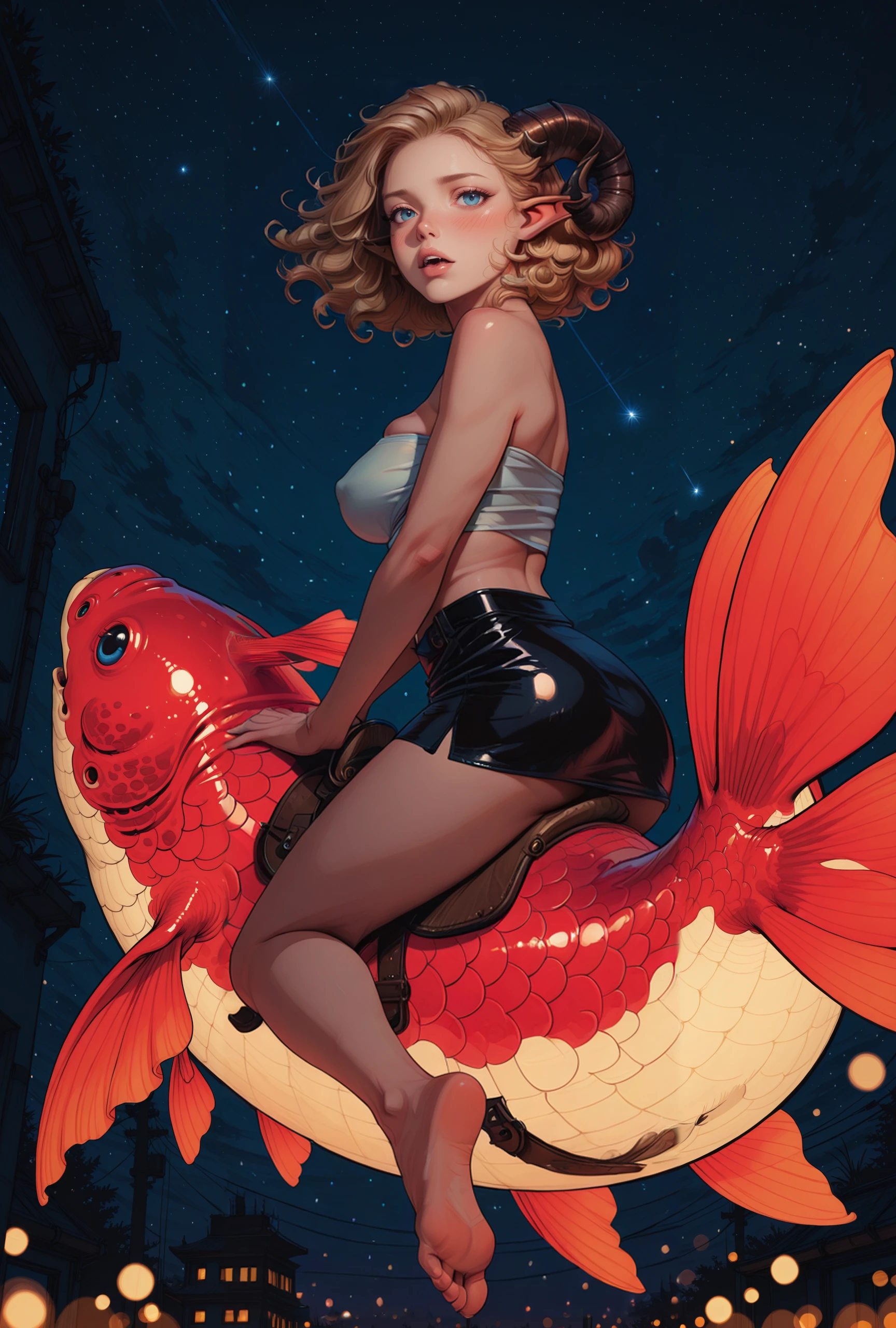 (masterpiece, best quality, highres:1.2) ,8k, in the sky, front view, 1girl riding on the back of a (giant flying goldfish), facing viewer, hands holding backfin, giddyup, leather saddle, feet in stirrups, realistic skin texture,pointy ears,gold eyes, big short curly blonde hair, curled black sheep horns, tube top, mini skirt, medium Sagging breasts, bokeh, depth of field, perspective, dark, late night, blue hour, image tone is joyous and whimsical, <lora:StS-Illustrious-Detail-Slider-v1.0:2>,<lora:lightingSlider:-1> , <lora:Midjourney_Image_Enhancer_ILL:0.8>, <lora:Riding_for_Illustrious:0.8>