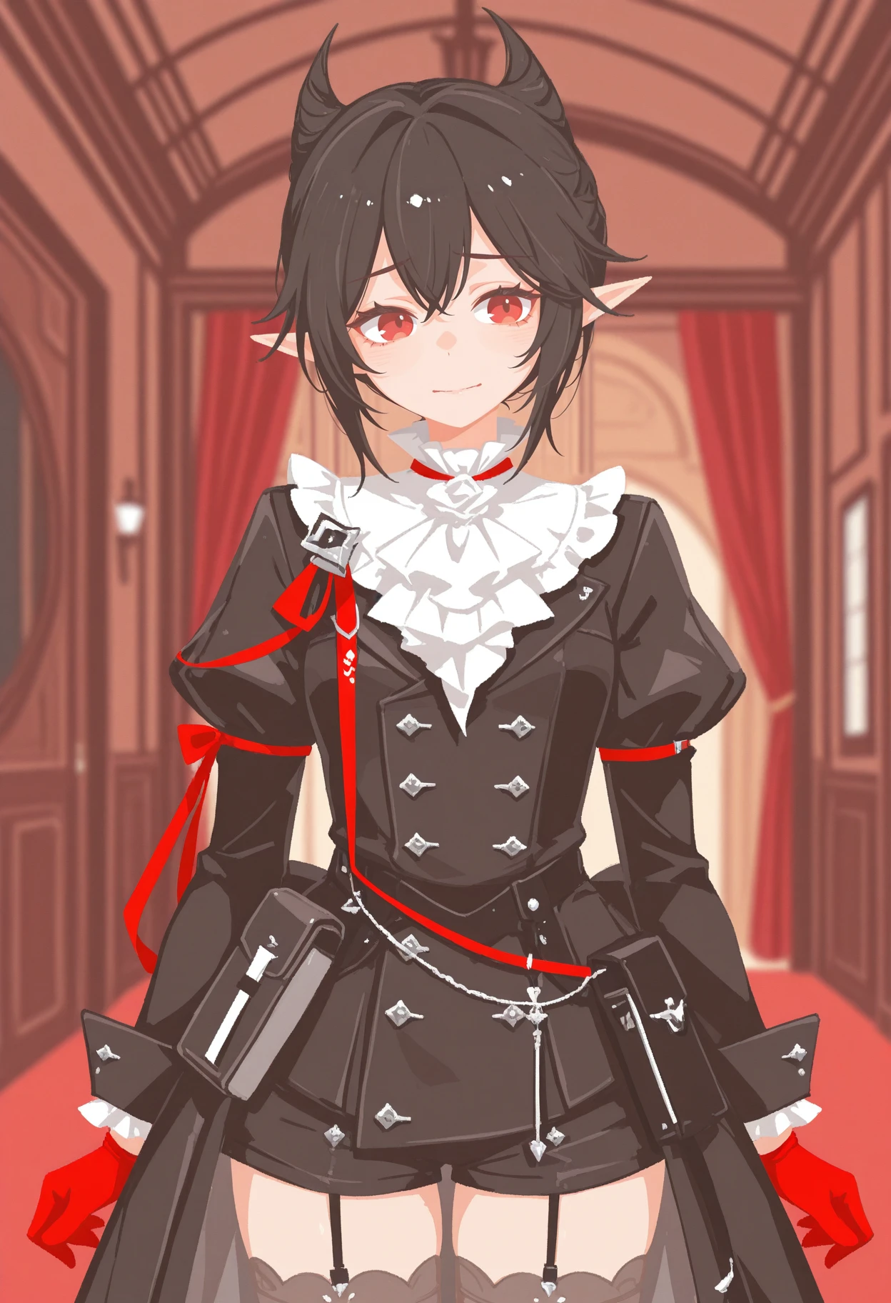 1girl, solo, white ascot, blurry background,
ente1ech1a, red eyes, white ascot, pointy ears, ascot, gloves, red gloves, long sleeves, black hair,  shirt, shorts, frills,  black jacket, puffy sleeves, bow, thighhighs, worried, arknights landship, slight smile, indoors, upper body
flat color, no lineart, blending, negative space, upper body,
<lora:entelechialora_1:1>  <lora:illustrious_flat_color_v2:1>