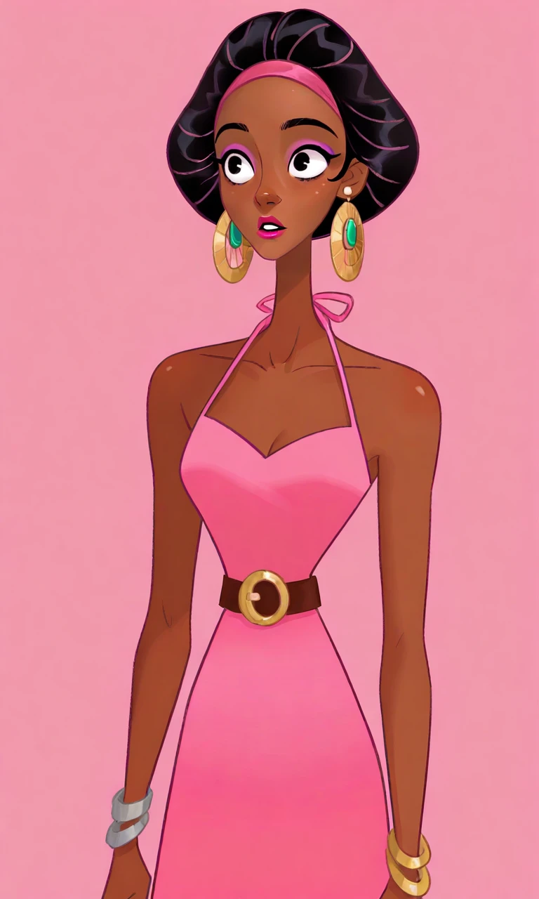 solo,1girl,very dark skin,black hair,pink dress, makeup,earrings, jewelry,belt, pink hairband,   shoulders, halterneck, simple background, bracelet, pink background, parted lips, collarbone, kangyannan