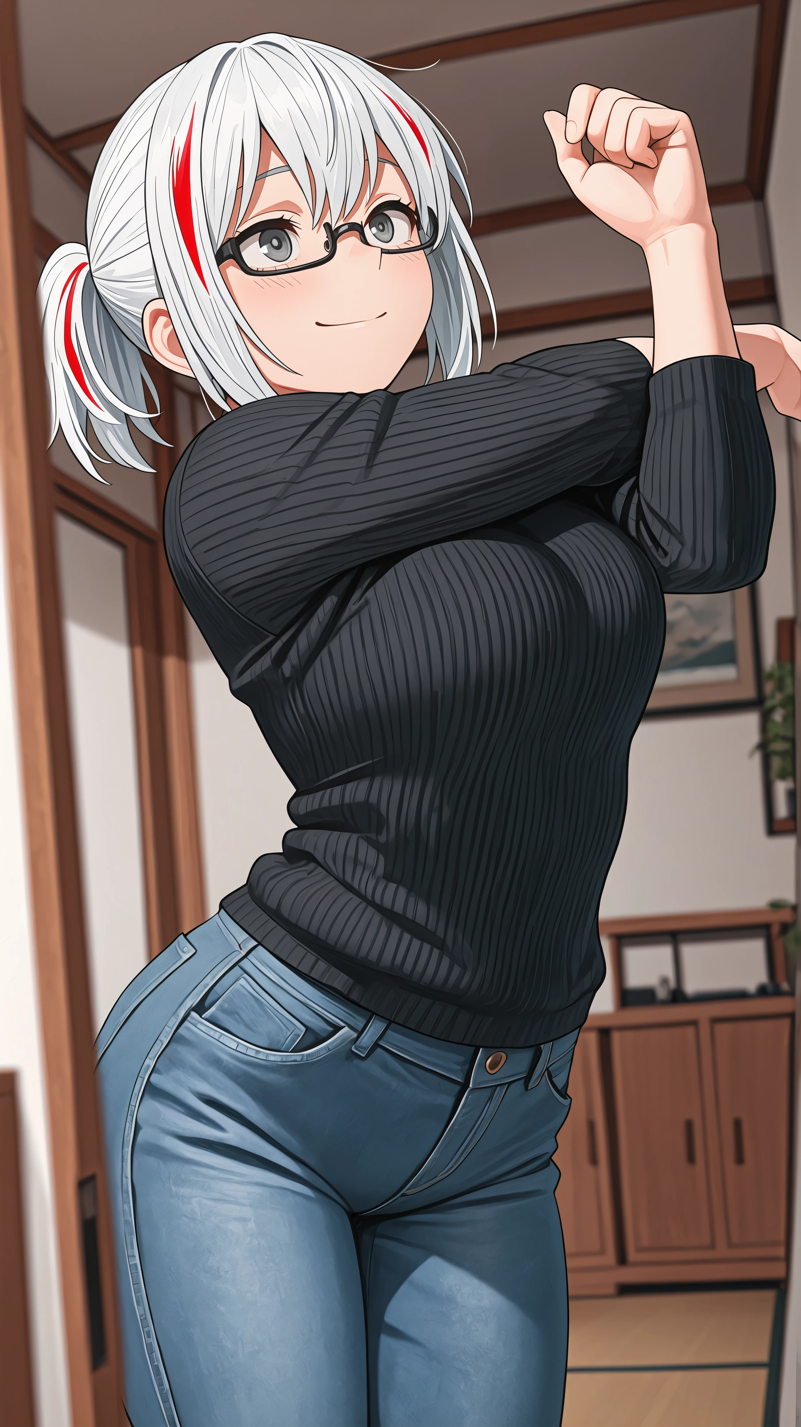 masterpiece, best quality, amazing quality, girl, depth of field, blurry foreground, stretching, <lora:Fuyumi Todoroki - Illu:0.9>, white hair, streaked hair, red streaks, multicolored hair, black glasses, grey eyes, short ponytail, black sweater, jeans, shoji door, interior, living room, relaxing,