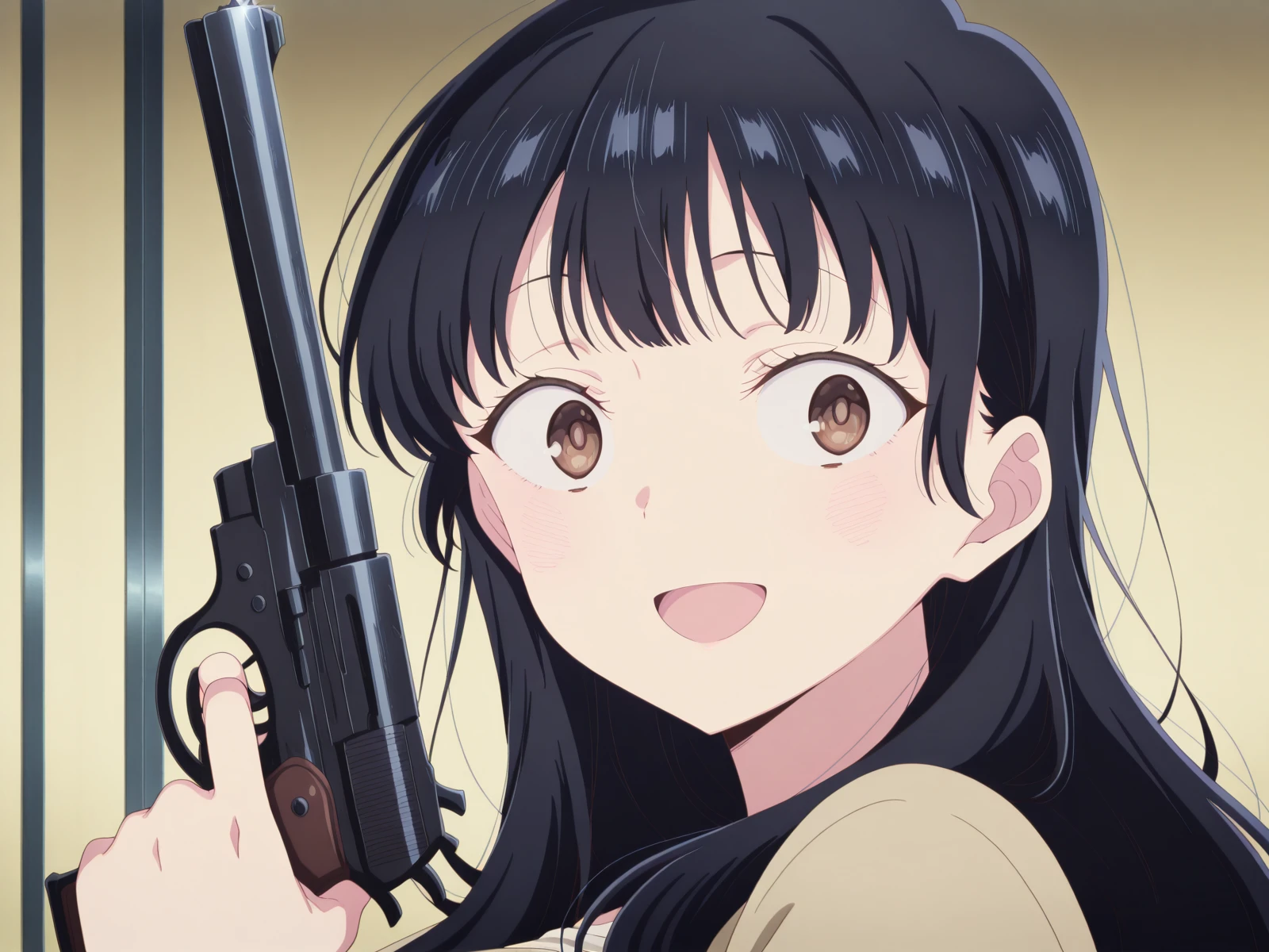 masterpiece, best quality, amazing quality,, <lora:anna-yamada-s2-illustriousxl-lora-nochekaiser:1>, anna yamada, long hair, bangs, black hair, brown eyes, mature female, large breasts, anime screencap, <lora:lums-cell-duplicator-gun-illustriousxl-lora-nochekaiser:1>, solo, smile, open mouth, holding, upper body, weapon, holding weapon, gun, holding gun, handgun, looking to the side,, , ,