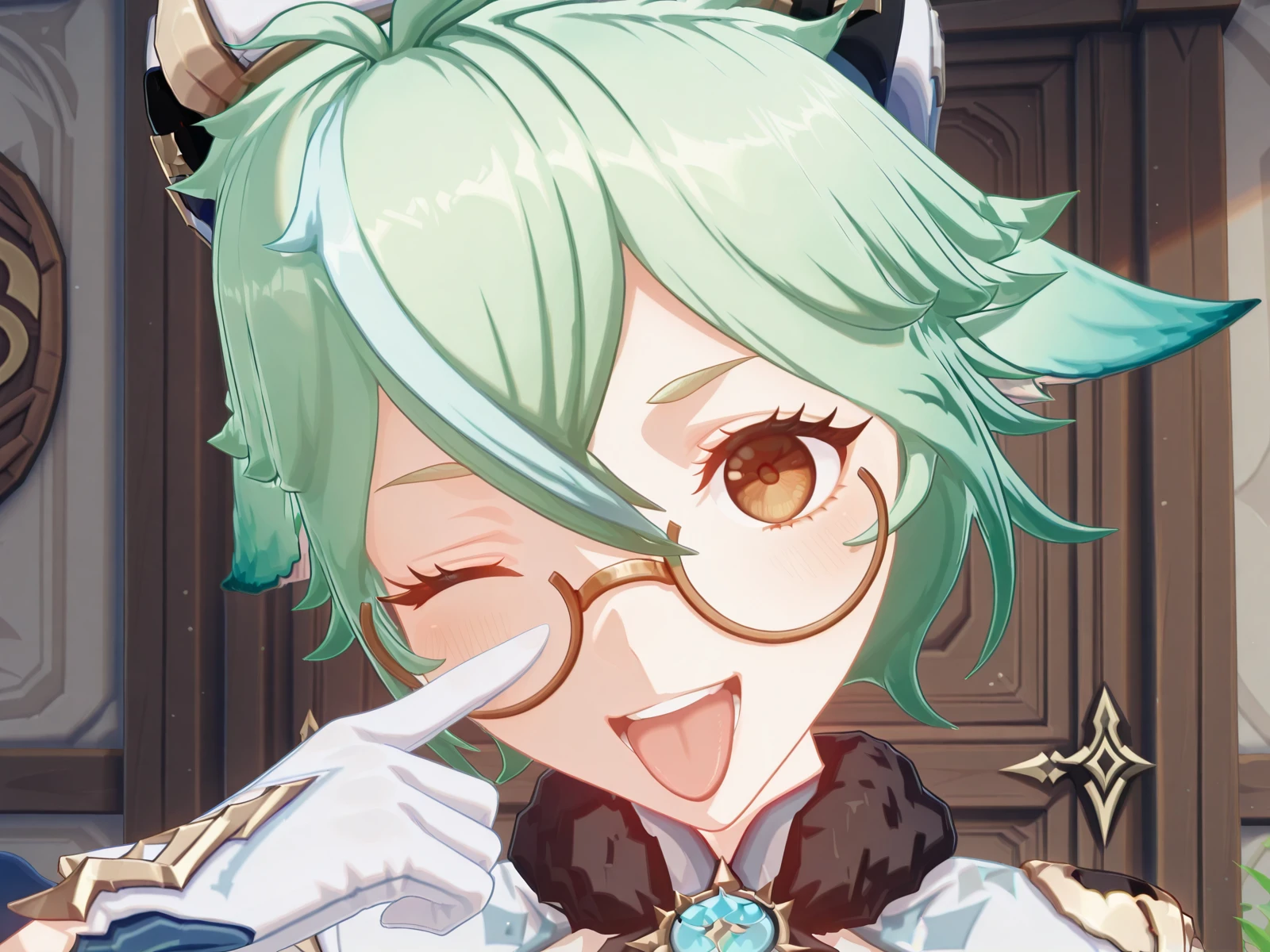 masterpiece, best quality, amazing quality,, <lora:genshin-sucrose-ingame-illustriousxl-lora-nochekaiser:1>, sucrose, sucrose (genshin impact), ahoge, animal ears, brown eyes, glasses, gradient hair, hair between eyes, messy hair, multicolored hair, semi-rimless eyewear, short hair, mature female, small breasts, 3d, <lora:airashiratori-akanbe-illustriousxl-lora-nochekaiser:1>, airashiratori akanbe, solo, looking at viewer, blush, smile, open mouth, upper body, teeth, one eye closed, tongue, tongue out, portrait, eyelid pull, hand up, straight-on, akanbe, finger to eye,, , ,