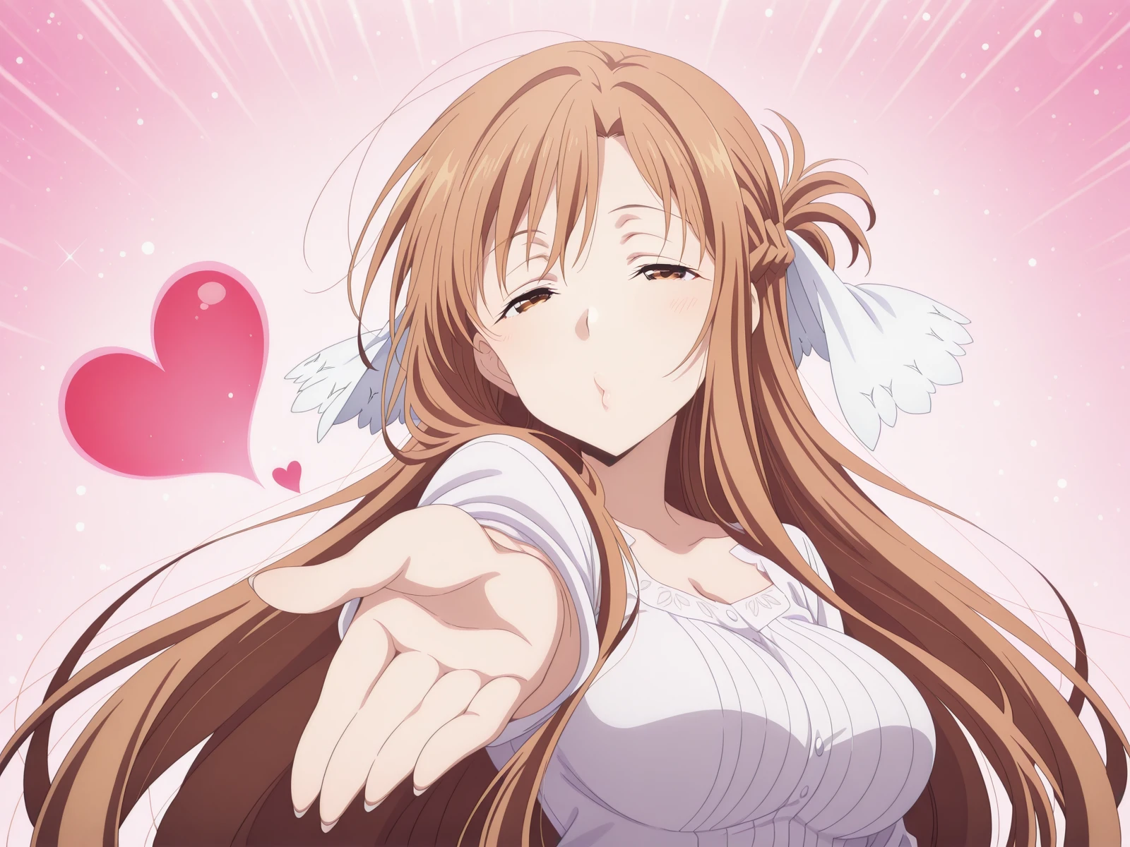 masterpiece, best quality, amazing quality,, <lora:asuna-yuuki-s3-illustriousxl-lora-nochekaiser:1>, asuna yuuki, yuuki asuna, long hair, bangs, brown hair, brown eyes, very long hair, braid, mature female, medium breasts, anime screencap,, <lora:suzuka-dairenjis-blowing-kiss-illustriousxl-lora-nochekaiser:1>, suzuka dairenji's blowing kiss, solo, heart, outstretched hand, blowing kiss, foreshortening, half-closed eyes, looking at viewer,, , ,