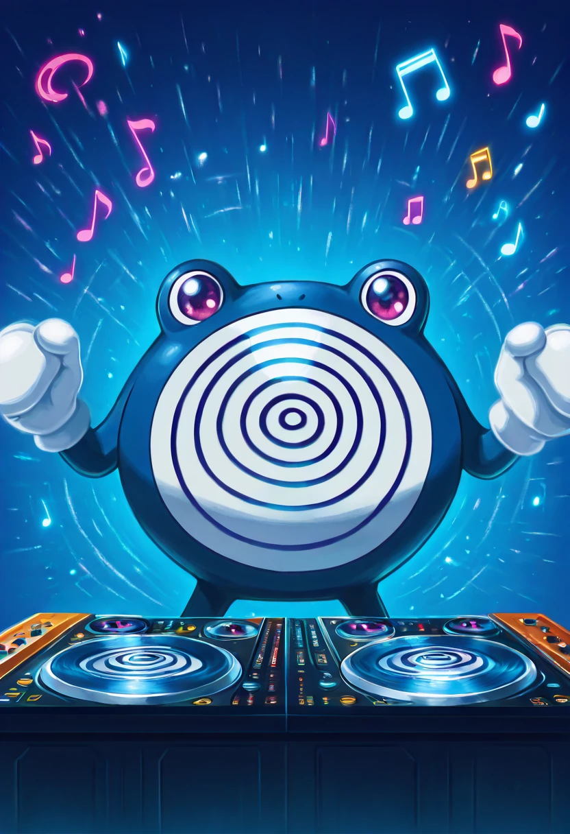 masterpiece, best quality, solo,    zzPoliwhirl,  , <lora:PoliwhirlPokedex_IXL:1.0>, , solo, looking at viewer, smile, AdFF, turntable, blue theme, (music notes, upper body), <lora:AudioFileFuture_IXL_v1:1.0>