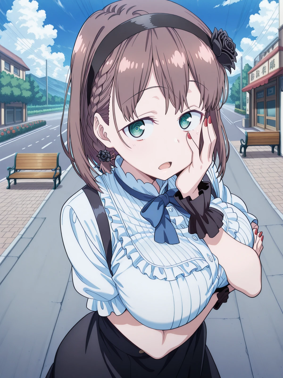 masterpiece, best quality, amazing quality,, <lora:tawawa-ai-s1-illustriousxl-lora-nochekaiser:1>, ai, ai-chan (tawawa), short hair, brown hair, green eyes, braid, side braid, mature female, large breasts, anime screencap,, <lora:dagashi-kashi-s1-key-visual-illustriousxl-lora-nochekaiser:1>, dagashi kashi, solo, looking at viewer, open mouth, skirt, hair ornament, bow, flower, short sleeves, outdoors, frills, hairband, sky, day, cloud, bowtie, hair flower, nail polish, wrist cuffs, rose, suspenders, red nails, hand on own face, high-waist skirt, breast hold, hand on own cheek, suspender skirt, ringed eyes, road, bench, black flower, sidewalk,, , ,