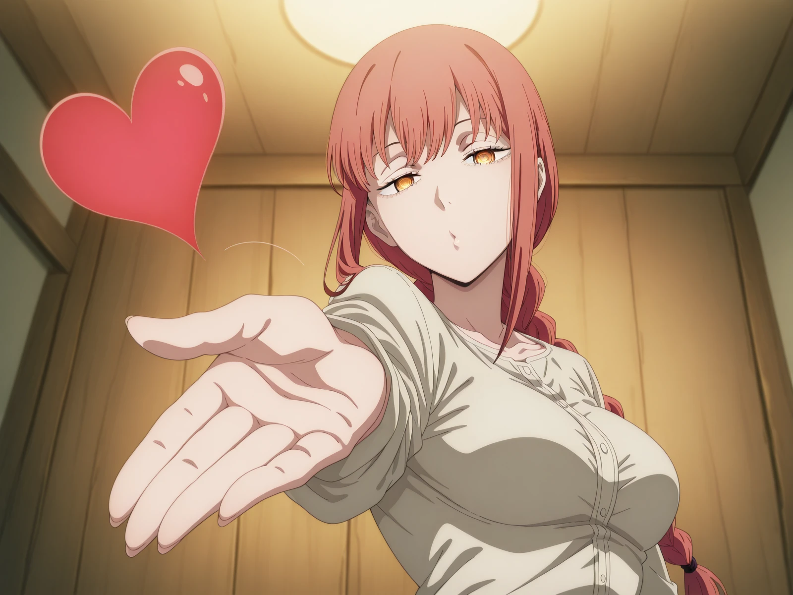 masterpiece, best quality, amazing quality,, <lora:chainsawman-makima-s1-illustriousxl-lora-nochekaiser:1>, makima, makima (chainsaw man), long hair, bangs, yellow eyes, braid, red hair, braided ponytail, ringed eyes, mature female, medium breasts, anime screencap, <lora:suzuka-dairenjis-blowing-kiss-illustriousxl-lora-nochekaiser:1>, suzuka dairenji's blowing kiss, solo, heart, outstretched hand, blowing kiss, foreshortening, half-closed eyes, looking at viewer,, , ,