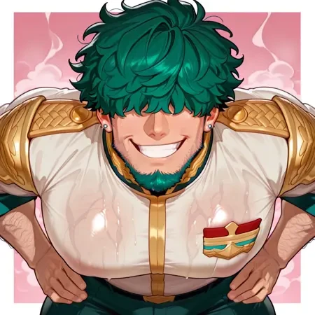 very awa, masterpiece, best quality, absurdres, newest, perfect quality, detailed background, intricate details, bara, 
1boy, solo, young adult, lowen, short hair, green hair, messy hair, hair in face, hair covering eyes, hiding eyes, eyes hidden, shaggy, beard, green beard, dark stubble, spiky beard, piercings, muscular, huge, big body, manly, masculine, stubble, hairy arms, hairy body, excessive body hair, big pecs, huge pecs, fat pecs, big chest, musky, sweaty, huge smile, beaming smile, uniform, knight armour, face closeup, looking up, looking at viewer, hands on hips,
White borders, pink background, simple background, musk, musky, warm, smoke, fog, ¾ view, three fourths view,