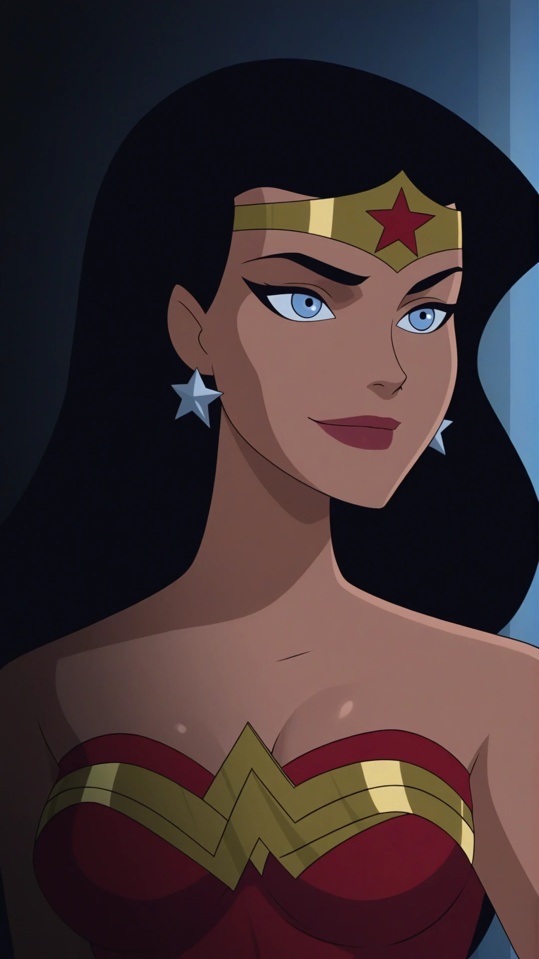 anime coloring, dramatic lighting, intricate details, masterpiece, best quality, absurdres, depth, Diana_XL, 1girl, solo, breasts, jewelry, bare shoulders, medium breasts, upper body, earrings, star (symbol), lips, makeup, tiara, lipstick, circlet, red lips, star earrings, smile, closed mouth <lora:Wonder_Woman_XL-20:0.9>