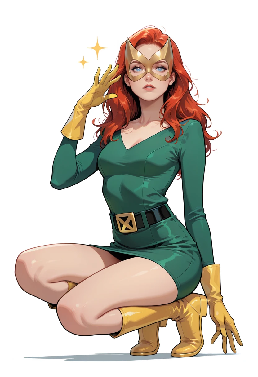highres, absurdres, very aesthetic, masterpiece, perfect, best quality, perfect anatomy, 1girl, <lora:Jean_Grey_Marvel_Girl_Comic:0.8>, mask, yellow gloves, yellow boots, belt, dress, long hair, jean grey, marvel girl, golden mask, red hair, green dress, short skirt, blue eyes, sleeves, animification, flat colors, simple background, hand up, crouching, 5fingers, five fingers
