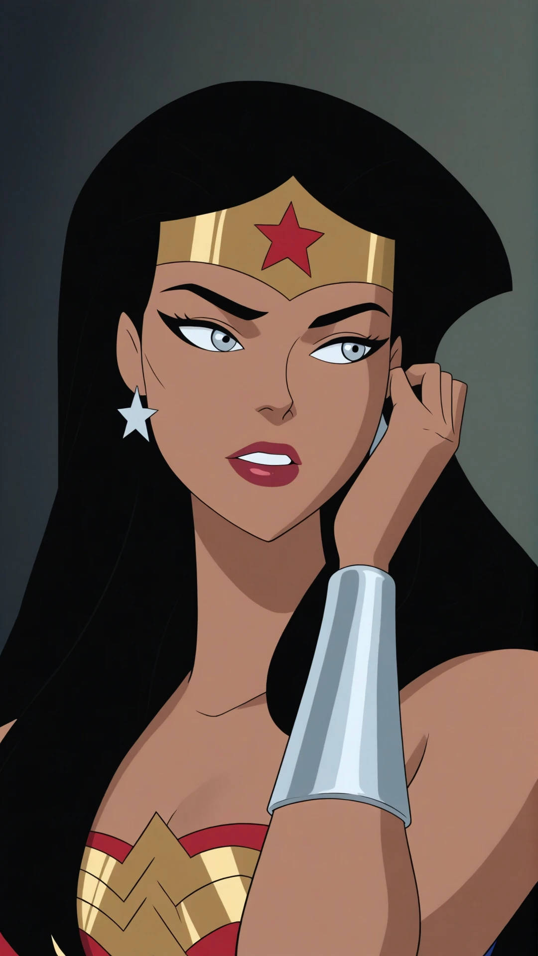 anime coloring, dramatic lighting, intricate details, masterpiece, best quality, absurdres, depth, Diana_XL, 1girl, solo, jewelry, earrings, parted lips, star (symbol), looking to the side, lips, makeup, portrait, tiara, lipstick, hand in own hair, circlet, red lips, adjusting hair, bracer, star earrings, superhero, hair tucking <lora:Wonder_Woman_XL-20:0.9>