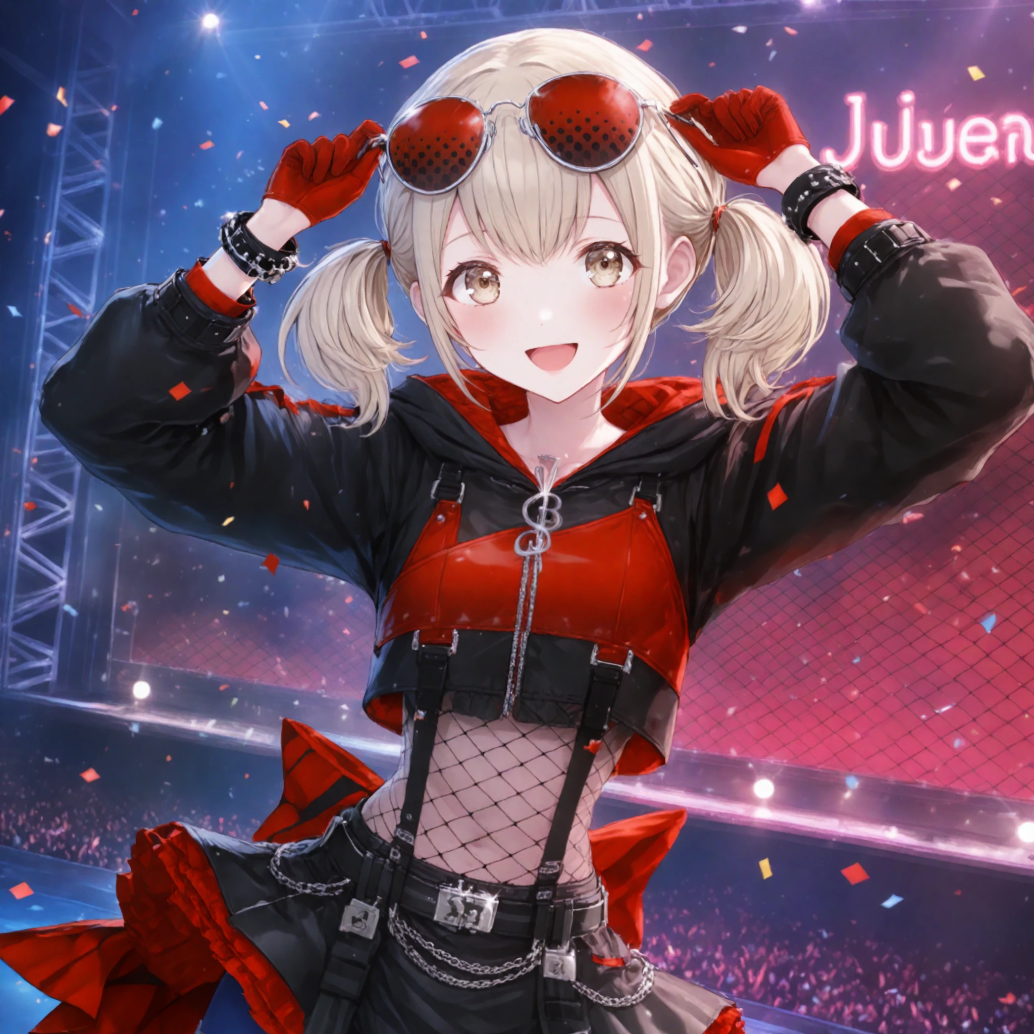 nijistyle, jwst, 1girl, azusawa kohane, project sekai, solo,
resonance kohane, beige eyes, detailed eyes, :D,
looking at viewer, standing, contrapposto, legs apart, arms up, four fingers and thumb, upper body shot,
fishnets, eyewear on head, red gloves, black skirt, zipper, spiked bracelet, puffy long sleeves, red-tinted eyewear, black jacket, crop top, chain, fishnet pantyhose, belt, hood, multicolored clothes, cropped jacket, fishnet top, zipper pull tab, miniskirt, blue shorts, shorts under skirt, drawstring, black hoodie, layered skirt, belly chain,
idol stage, stage light, neon light, confetti-flurry, psyllium, auditorium is filled with spectator,
masterpiece, amazing quality, very aesthetic, ultra detailed, highres,
<lora:hand 5.5:1>, <lora:ObIL-style-nijistyle02:0.8>, <lora:ObIL-style-JWST01:0.4>, <lora:ObIL-vbs-ResonanceKh01:0.6>