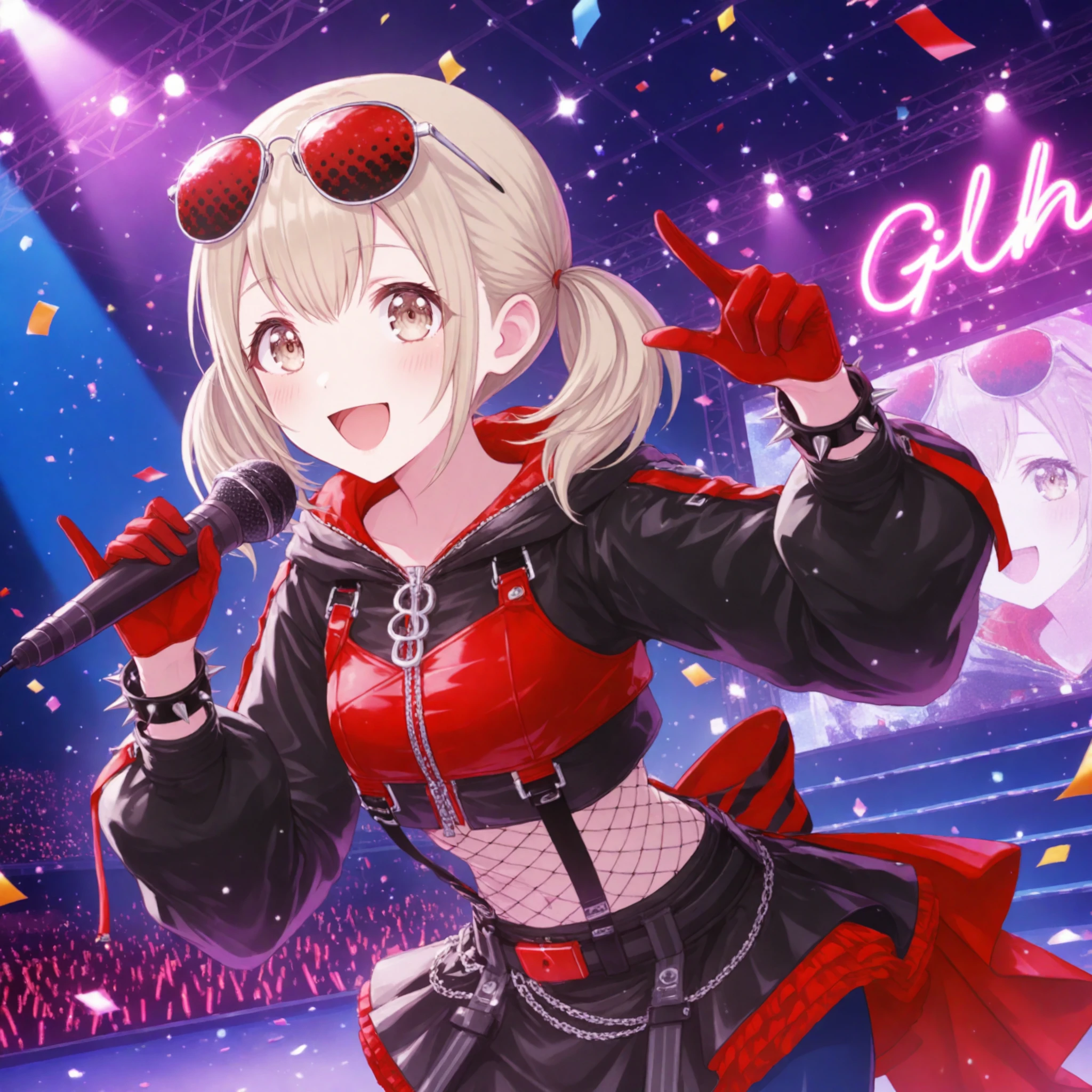 1girl, azusawa kohane, project sekai, solo,
resonance kohane, beige eyes, detailed eyes, :D,
looking at viewer, standing, legs apart, leaning forward, holding microphone, singing, four fingers and thumb, upper body shot,
fishnets, eyewear on head, red gloves, black skirt, zipper, spiked bracelet, puffy long sleeves, red-tinted eyewear, black jacket, crop top, chain, fishnet pantyhose, belt, hood, multicolored clothes, cropped jacket, fishnet top, zipper pull tab, miniskirt, blue shorts, shorts under skirt, drawstring, black hoodie, layered skirt, belly chain,
idol stage, stage light, neon light, confetti-flurry, psyllium, auditorium is filled with spectator,
nijistyle, jwst, masterpiece, amazing quality, very aesthetic, ultra detailed, highres,
<lora:hand 5.5:1>, <lora:IL-style-nijistyle02:0.6>, <lora:IL-style-JWST02:0.2>, <lora:IL-vbs-ResonanceKh01:0.6>