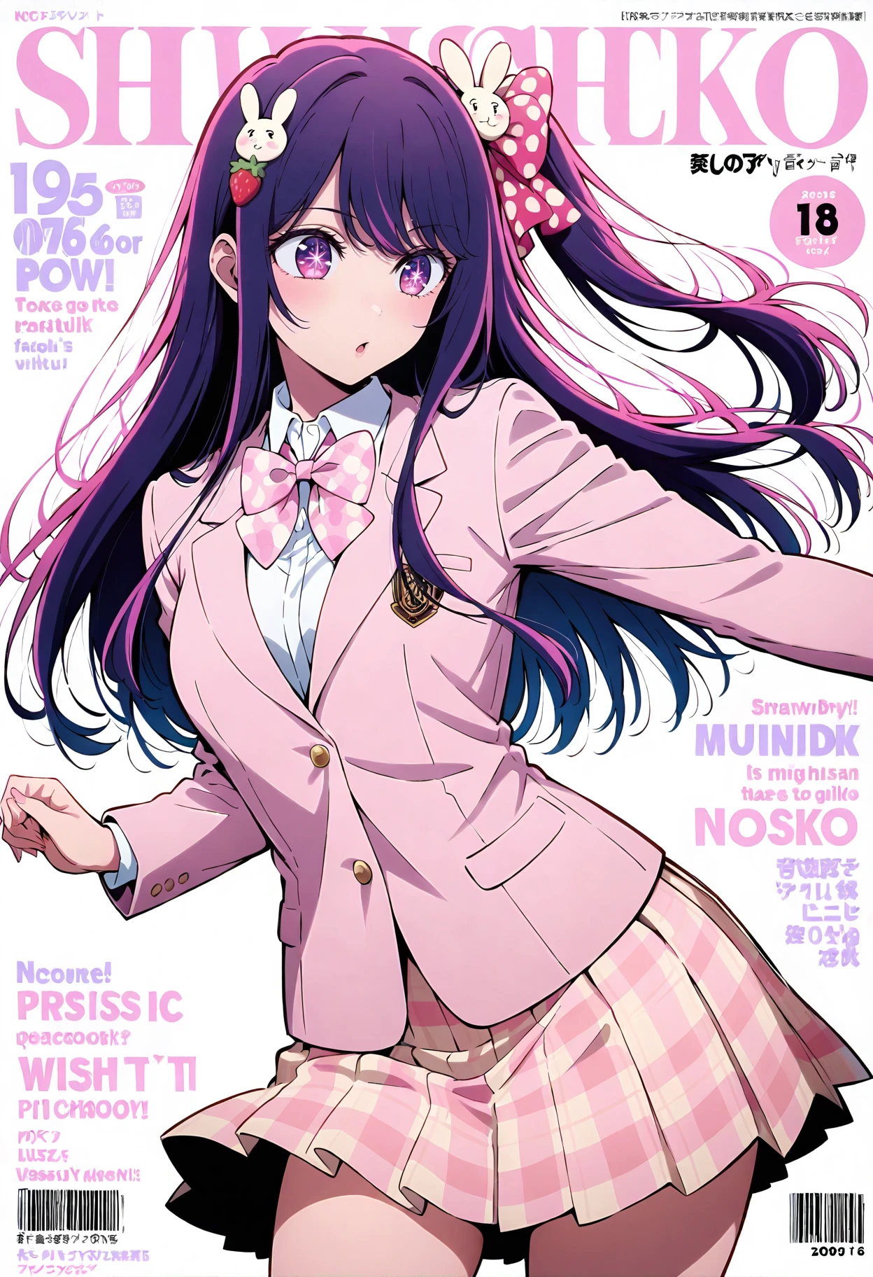 <lora:add-detail-xl:1>,masterpiece,best quality,absurdres,highres,detailed eyes,beautiful,detailed background,perfect eyes,realistic,solo,
magazine cover,fake magazine cover,english text,cover,fake cover,price,cover page,text focus,barcode,dated,cowboy shot,dynamic pose,
<lora:Hoshino_Ai:1>,1girl,symbol-shaped pupils,purple eyes,pink eyes,purple hair,streaked hair,blue hair,multicolored hair,bangs,long hair,side ponytail,one side up,hair ornament,strawberry hair ornament,hair bow,rabbit hair ornament,skirt,bow,school uniform,plaid,jacket,plaid skirt,blazer,long sleeves,shirt,bowtie,pleated skirt,pink bow,pink jacket,white shirt,ribbon,pink skirt,polka dot bow,