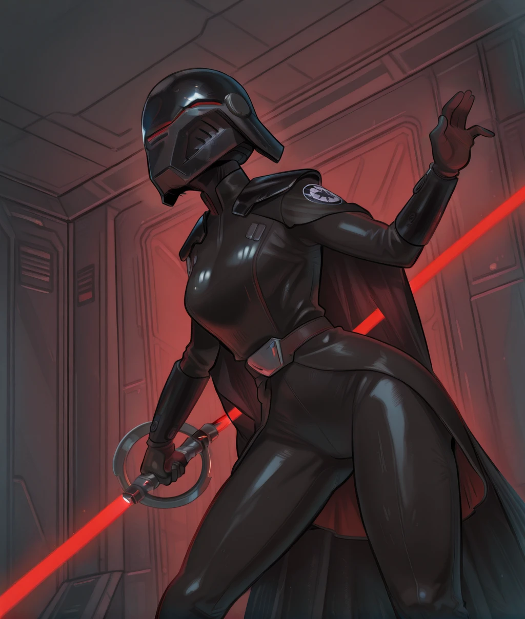 trillasudurixl, black helmet, red visor,
hip, belt, gloves,
armor, black bodysuit, black cape, holding lightsaber,
science fiction, sith base, indoors, red trim,
fighting stance,
solo,
(insanely detailed, masterpiece, best quality,), <lora:trillasuduriXL:1>,