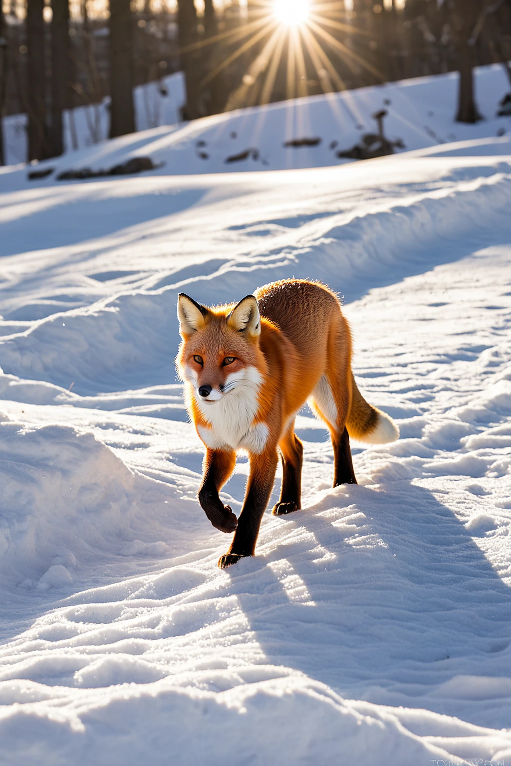 fox, snow, sunlight, dynamic