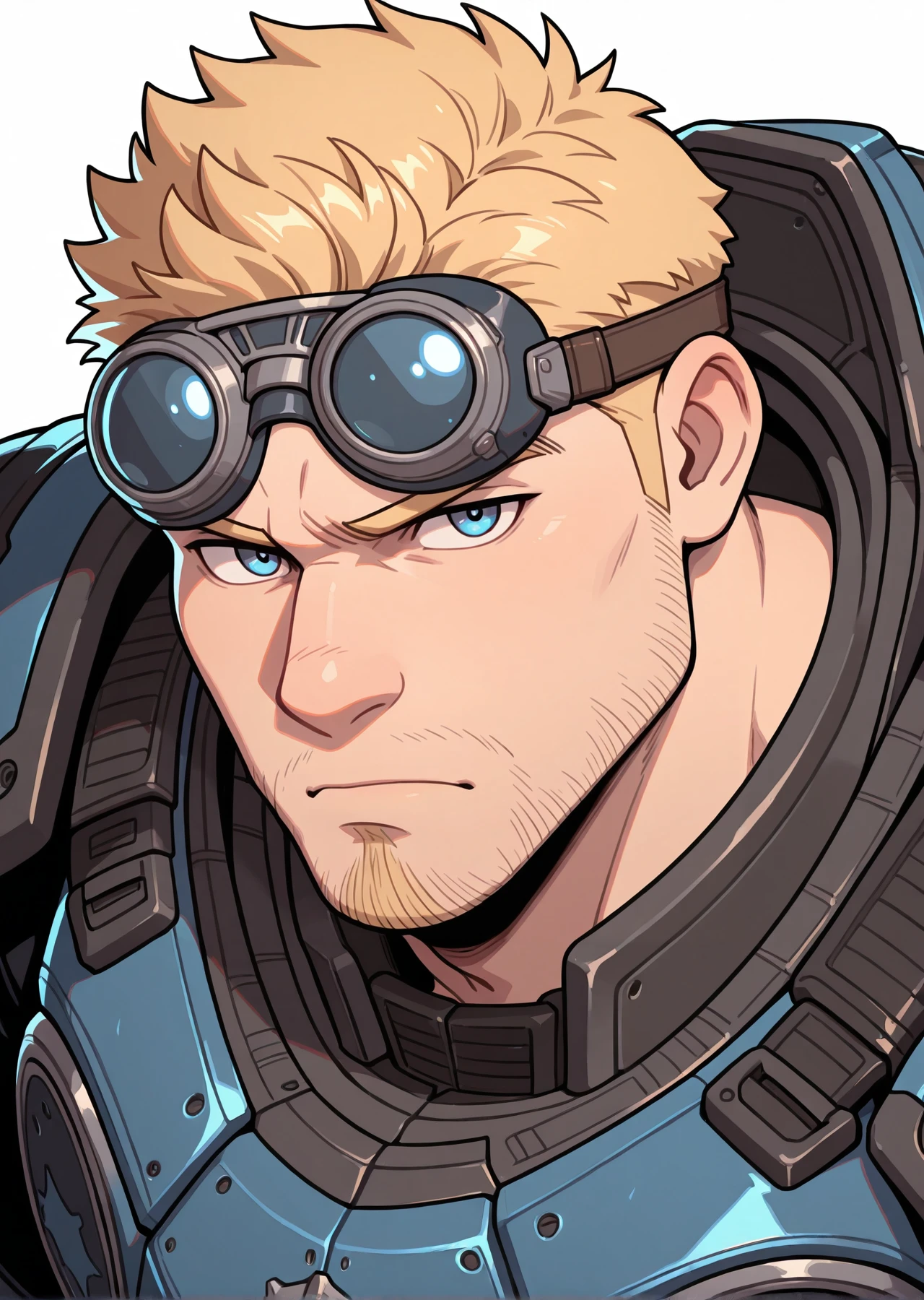 <lora:Damon_Baird_IL:1> 1boy, mature male, male focus, solo, damonbaird, looking at viewer, muscular, bara, blonde hair, short hair, power armor, pauldrons, close shot, white background, blue eyes, goggles, beard stubble, goatee, pose, looking at viewer, animification, grumpy, masterpiece, best quality