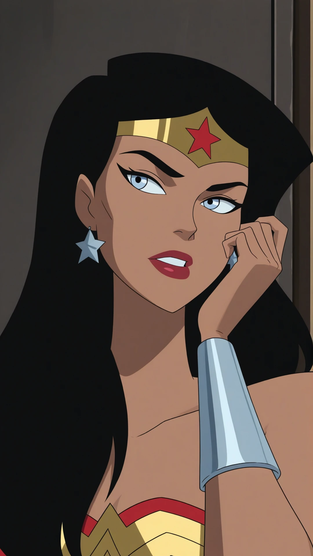 anime coloring, dramatic lighting, intricate details, masterpiece, best quality, absurdres, depth, Diana_XL, 1girl, solo, jewelry, earrings, parted lips, star (symbol), looking to the side, lips, makeup, portrait, tiara, lipstick, hand in own hair, circlet, red lips, adjusting hair, bracer, star earrings, superhero, hair tucking <lora:Wonder_Woman_XL-20:0.9>