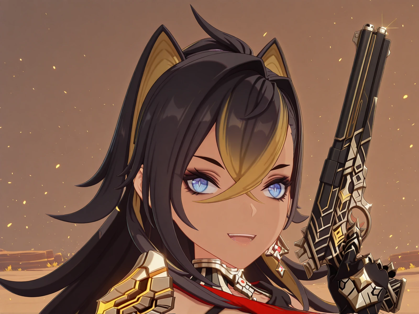 masterpiece, best quality, amazing quality,, <lora:genshin-dehya-ingame-illustriousxl-lora-nochekaiser:1>, dehya, dehya (genshin impact), long hair, bangs, blue eyes, blonde hair, black hair, hair between eyes, multicolored hair, dark skin, dark-skinned female, streaked hair, animal ears, cat ears, crossed bangs, mature female, breasts, 3d,, <lora:lums-cell-duplicator-gun-illustriousxl-lora-nochekaiser:1>, solo, smile, open mouth, holding, upper body, weapon, holding weapon, gun, holding gun, handgun, looking to the side,, , ,