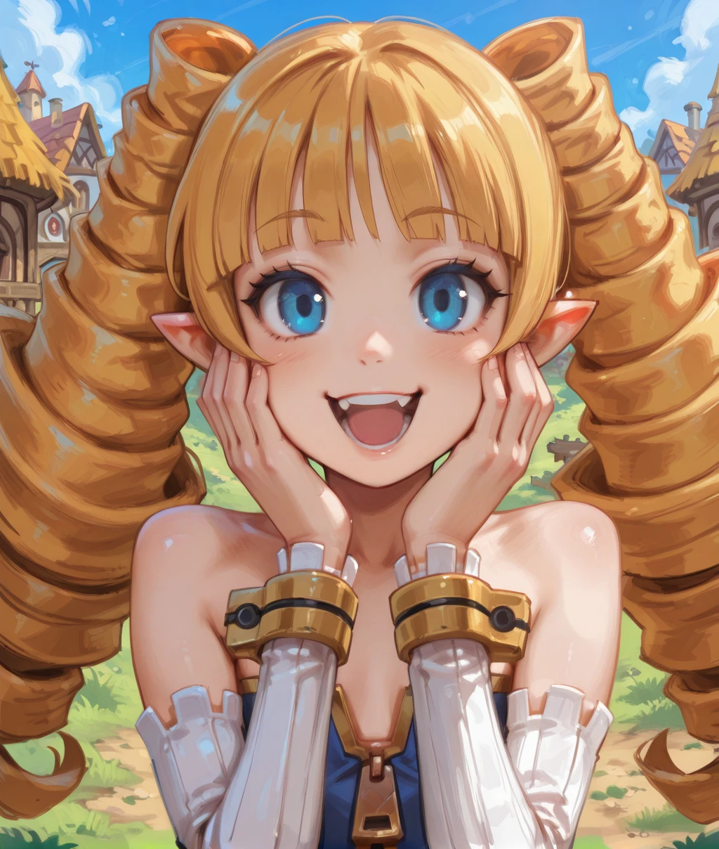 arherxl, blonde hair, twin drill hair, blue eyes,
upper body, close up, open mouth, smile, hands on own cheeks,
detached sleeves, strapless dress, zipper, looking at viewer,
solo,
outdoors, village,
(insanely detailed, masterpiece, best quality,), <lora:Archerxl:1>,