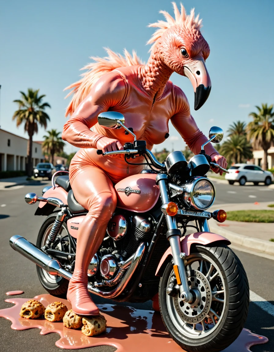 image of anthropomorphic flamingo motorcycle spilling food on someone else.