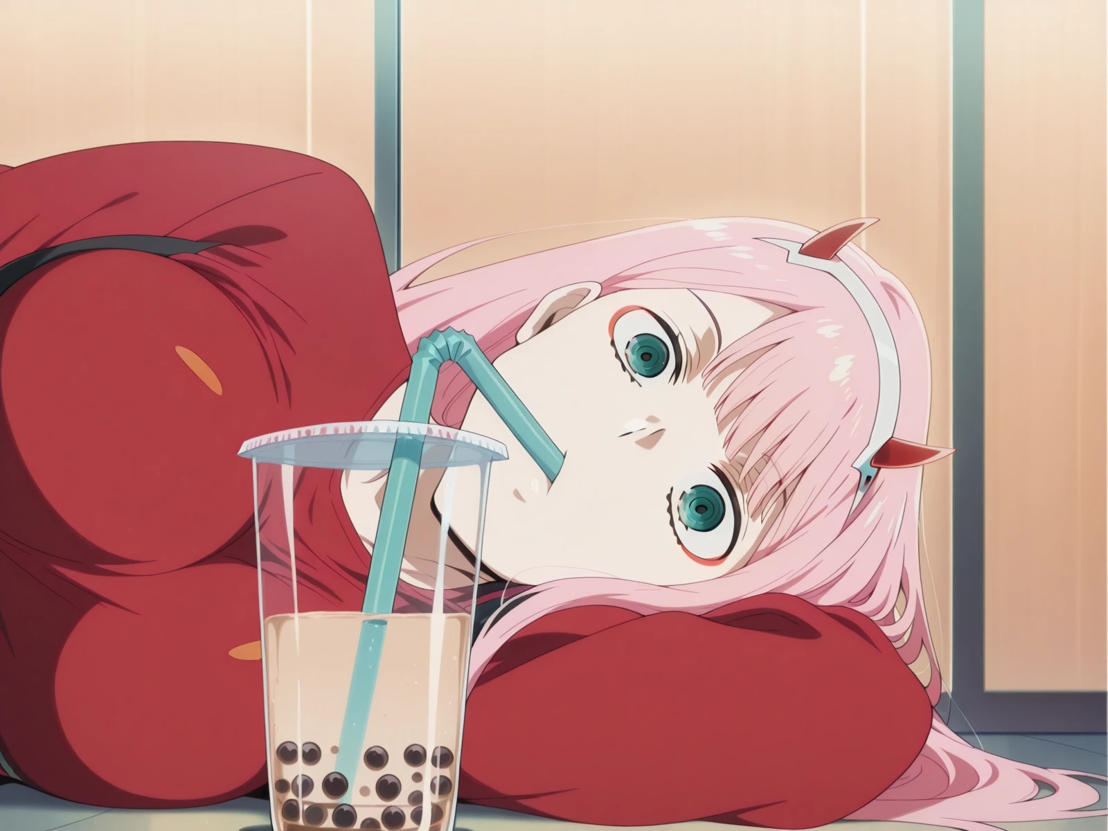 masterpiece, best quality, amazing quality,, <lora:zero-two-s1-illustriousxl-lora-nochekaiser:1>, zero two, zero two (darling in the franxx), green eyes, hairband, horns, long hair, pink hair, red horns, white hairband, mature female, medium breasts, anime screencap,, <lora:airashiratori-drinking-milk-tea-illustriousxl-lora-nochekaiser:1>, airashiratori drinking milk tea, solo, looking at viewer, upper body, black eyes, cup, meme, drinking straw, drinking, bubble tea, on side, on floor,, , ,