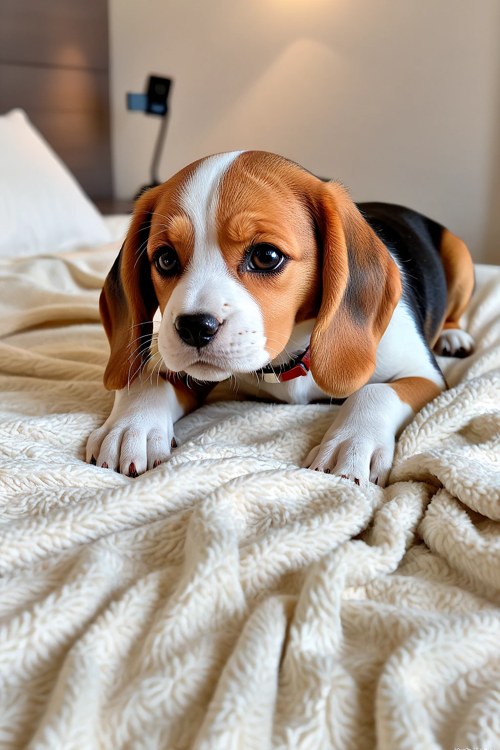 (masterpiece:1.5), (best quality:1.5), (ultra-realistic:1.5), close-up photo of a (small beagle puppy:1.4), floppy ears, big round brown eyes, (tricolor fur:1.3) with white, tan, and black patches, short glossy fur with natural sheen, lying down on a soft, fluffy (cream colored blanket:1.4), surrounded by (cream-colored bedroom:1.3), gentle pastel lighting, plush textures throughout, cozy and warm atmosphere, subtle natural shadows, realistic fur texture and light reflection, (sleepy expression:1.2), front paws tucked in, (natural pose and setting:1.4), (depth of field:1.3), soft blur in background with detailed puppy in focus, high-end pet photography style, (photorealistic softness:1.5), calming and heartwarming mood