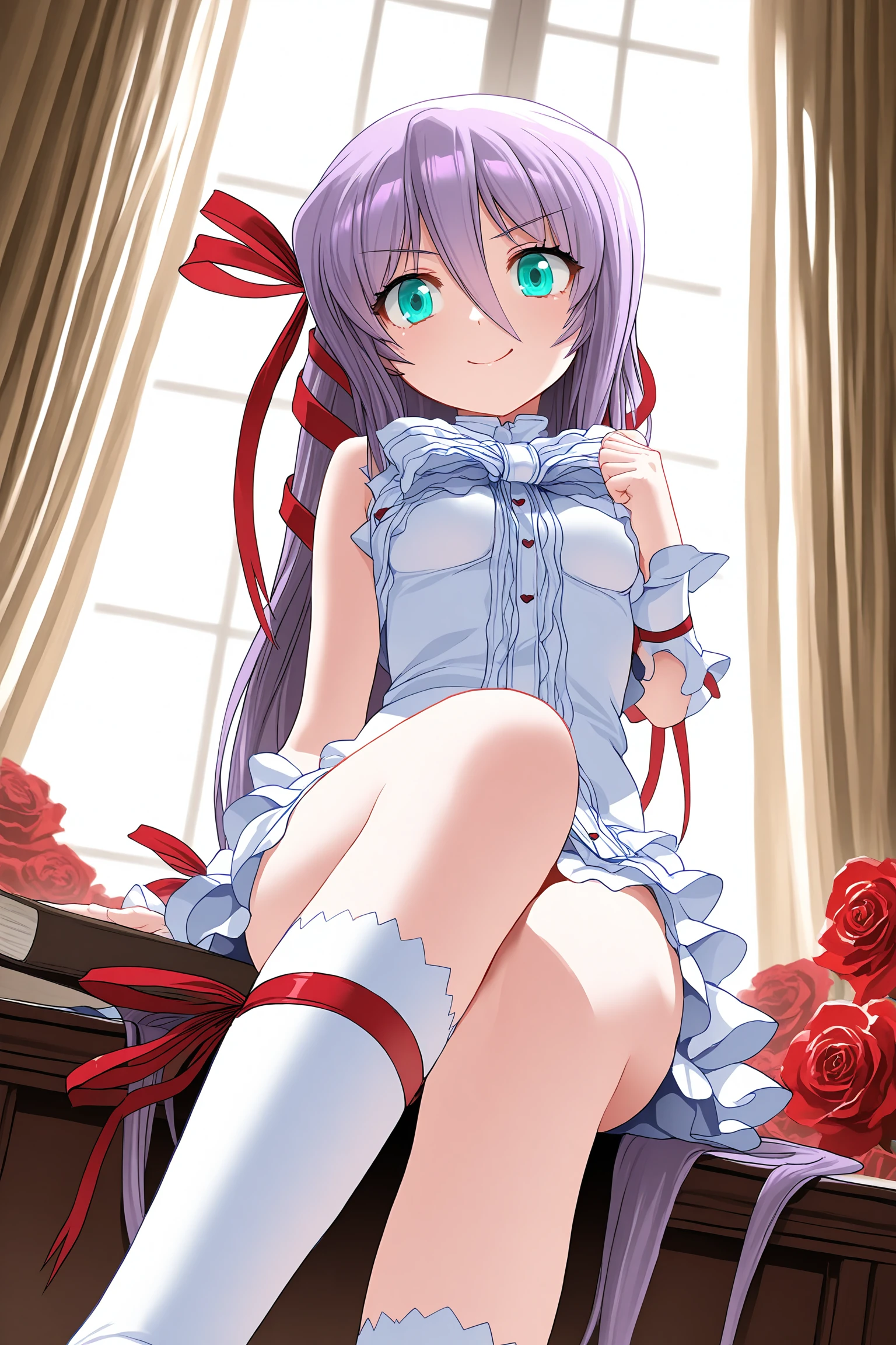 masterpiece, best quality, amazing quality, newest,detailed face, beautiful eye,<lora:AL_azif_V1.0_illustrious:1>,alazif,1girl,very long hair, ,red ribbon, hair ribbon, purple hair,green eyes,aqua eyes,small breasts,,ALoutfit1, dress, ribbon,wrist cuffs,wrist_ribbon, kneehighs, white socks,leg ribbon,shoes,white bowtie,gothic room, ornate furniture, lace curtains, roses, mysterious smile, holding book
