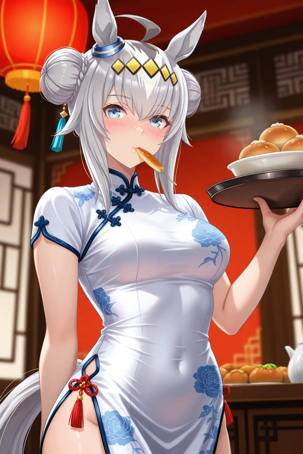 1girl,ahoge,alternate_costume,animal_ears,blue_eyes,blurry,blurry_background,blush,breasts,china_dress,chinese_clothes,cowboy_shot,double_bun,dress,food,grey_hair,hair_between_eyes,hair_bun,highres,holding,holding_tray,horse_ears,horse_girl,horse_tail,indoors,medium_breasts,mouth_hold,multicolored_hair,oguri_cap_\(umamusume\),otono_\(bkt4b\),short_sleeves,sidelocks,solo,steamed_bun,streaked_hair,tail,tassel,tray,umamusume,white_dress