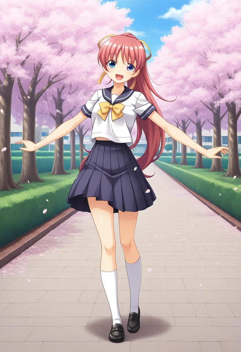 1girl, solo, ingokuayatabane, pink hair, very long hair, ponytail, hair ribbon, yellow ribbon, blue eyes, shirt, short sleeves, sailor collar, neck bow, pleated skirt, white kneehighs, black loafers, school uniform, outdoors, city, path, cherry blossom, petals, spread arms, standing, full body, open mouth, smile,
