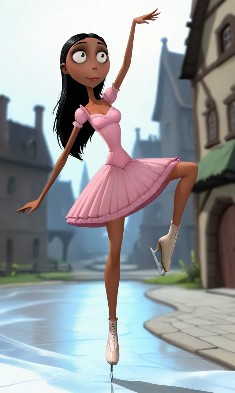 solo,Tim Burton style, artstyle,1girl,very dark skin,black hair,blurry, makeup,pink dress,blurry background, building, dancing, balancing, masterpiece, best quality, ballerina, ballet, ice skates, legs