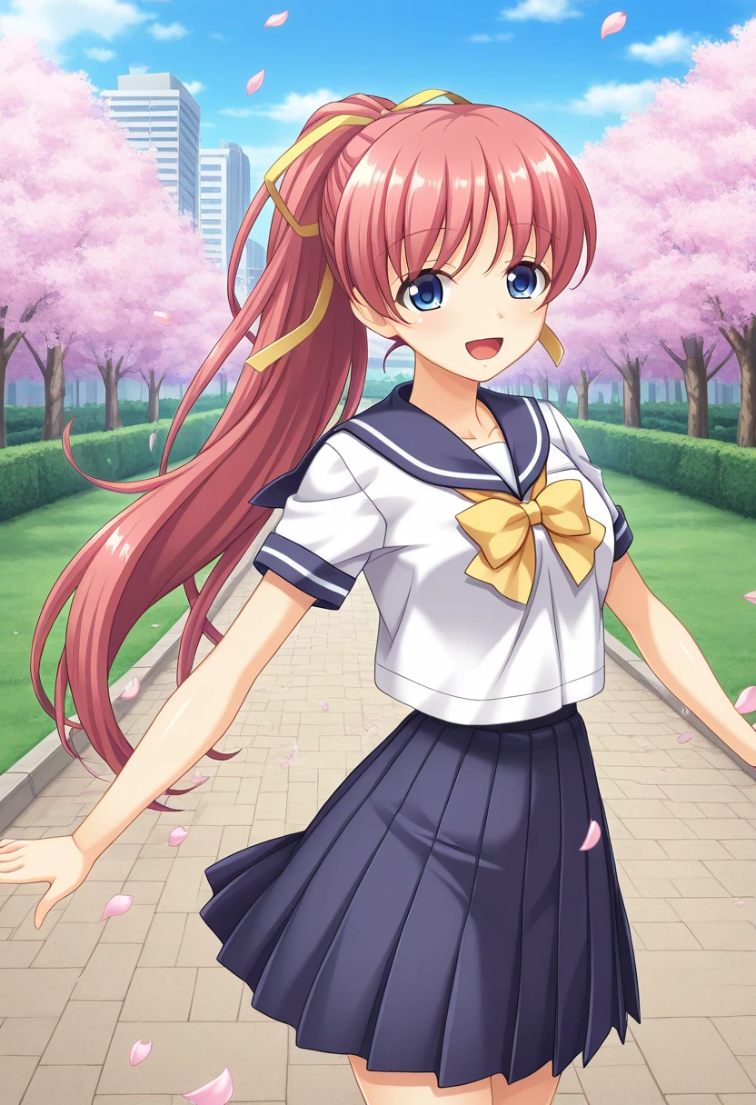 1girl, solo, ingokuayatabane, pink hair, very long hair, ponytail, hair ribbon, yellow ribbon, blue eyes, shirt, short sleeves, sailor collar, neck bow, pleated skirt, school uniform, outdoors, city, path, cherry blossom, petals, spread arms, standing, cowboy shot, open mouth, smile,