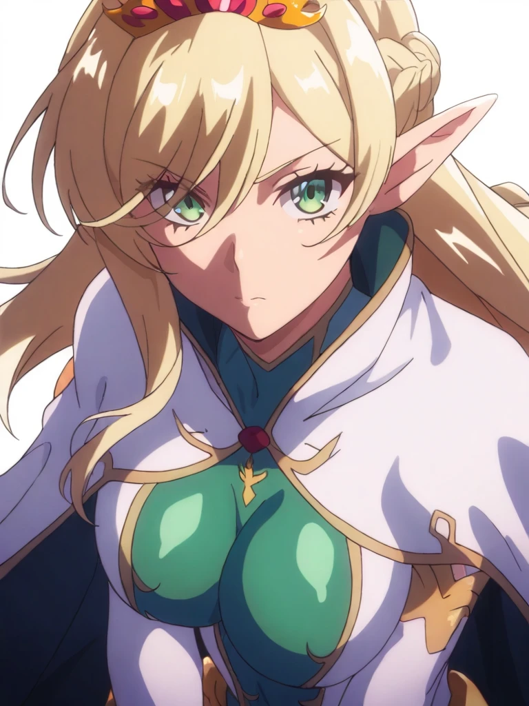 solo,masterpiece,high score,great score,absurdres,upper_body,white background,anime coloring,looking at viewer,<lora:AlmiaAgraliel ag4o:1> almiaagraliel, blonde hair, braid, pointy ears, green eyes,tiara,cape,