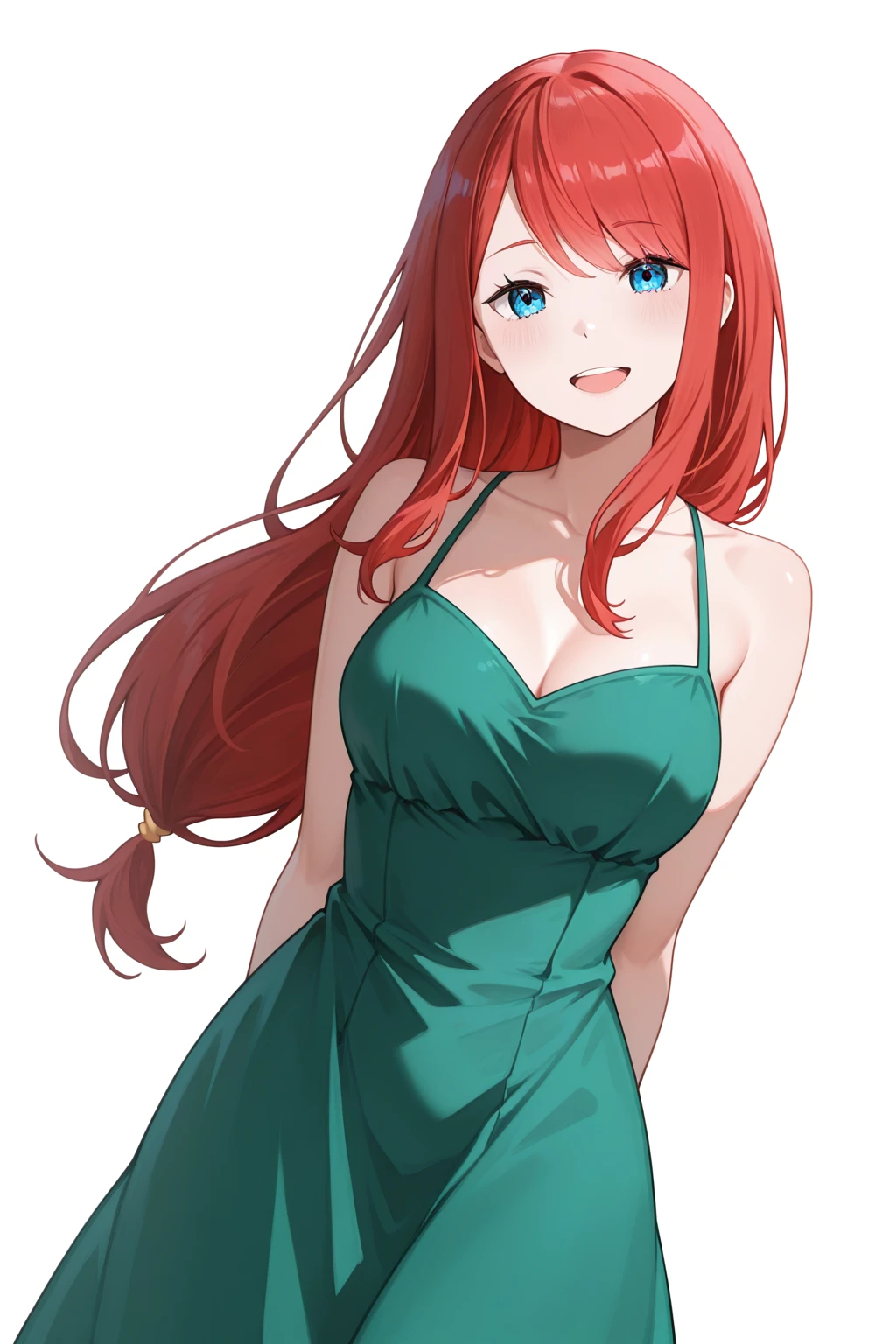 1girl,bare_shoulders,blue_eyes,cowboy_shot,dress,green_dress,head_tilt,long_hair,open_mouth,re:zero_kara_hajimeru_isekai_seikatsu,red_hair,smile,solo,theresia_van_astrea,white_background