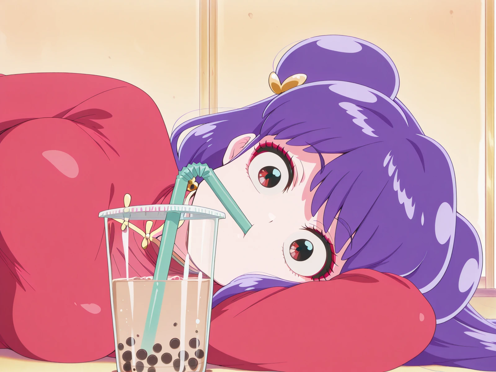 masterpiece, best quality, amazing quality,, <lora:shampoo-s1-illustriousxl-lora-nochekaiser:1>, shampoo, shampoo (ranma 1/2), long hair, hair ornament, red eyes, purple hair, hair bun, double bun, mature female, medium breasts, anime screencap, <lora:airashiratori-drinking-milk-tea-illustriousxl-lora-nochekaiser:1>, airashiratori drinking milk tea, solo, looking at viewer, upper body, black eyes, cup, meme, drinking straw, drinking, bubble tea, on side, on floor,, , ,