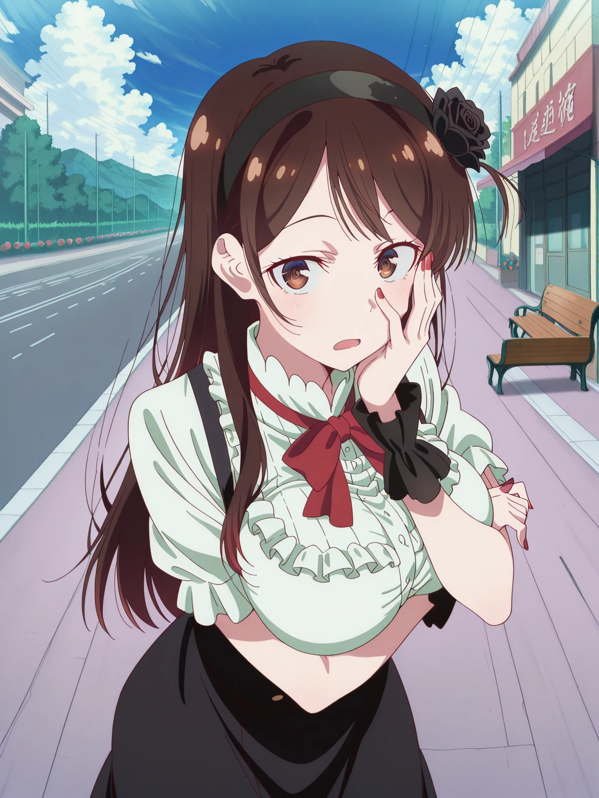 masterpiece, best quality, amazing quality,, <lora:chizuru-ichinose-s1-illustriousxl-lora-nochekaiser:1>, chizuru ichinose, long hair, bangs, brown hair, brown eyes, one side up, mature female, large breasts, anime screencap, <lora:dagashi-kashi-s1-key-visual-illustriousxl-lora-nochekaiser:1>, dagashi kashi, solo, looking at viewer, open mouth, skirt, hair ornament, bow, flower, short sleeves, outdoors, frills, hairband, sky, day, cloud, bowtie, hair flower, nail polish, wrist cuffs, rose, suspenders, red nails, hand on own face, high-waist skirt, breast hold, hand on own cheek, suspender skirt, ringed eyes, road, bench, black flower, sidewalk,, , ,