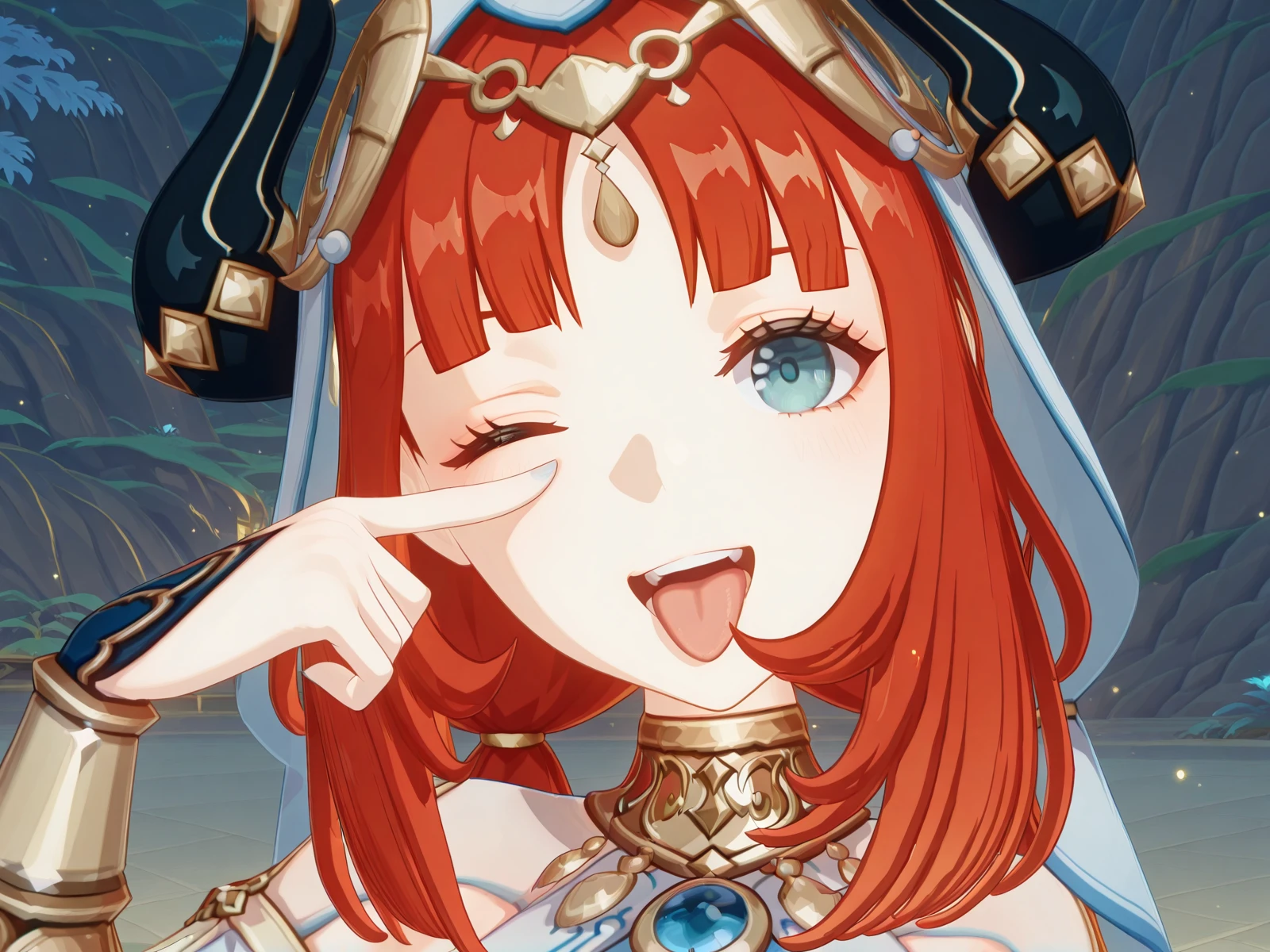 masterpiece, best quality, amazing quality,, <lora:genshin-nilou-ingame-illustriousxl-lora-nochekaiser:1>, nilou, nilou (genshin impact), red hair, twintails, blue eyes, long hair, very long hair, mature female, medium breasts, 3d, <lora:airashiratori-akanbe-illustriousxl-lora-nochekaiser:1>, airashiratori akanbe, solo, looking at viewer, blush, smile, open mouth, upper body, teeth, one eye closed, tongue, tongue out, portrait, eyelid pull, hand up, straight-on, akanbe, finger to eye,, , ,
