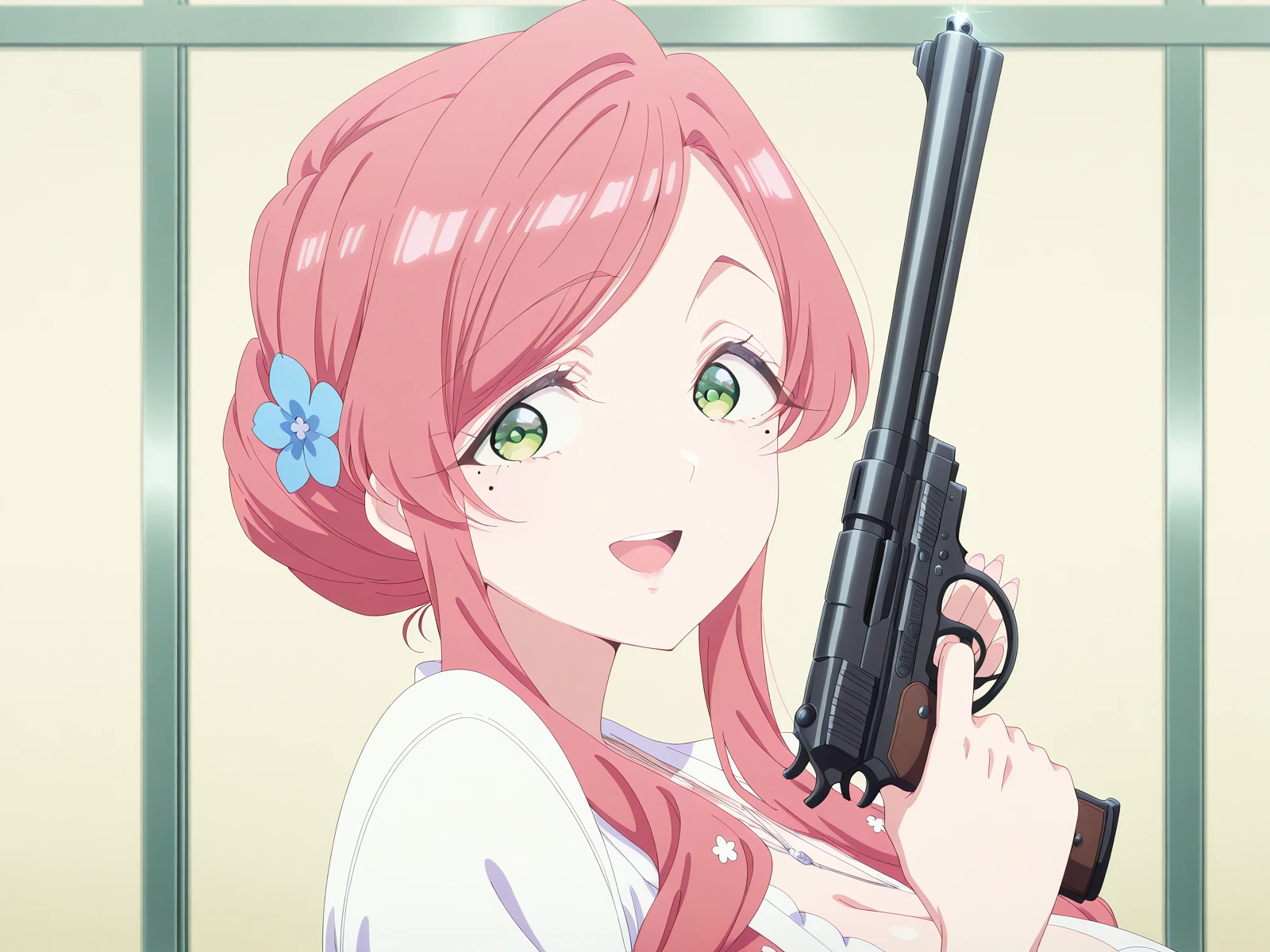 masterpiece, best quality, amazing quality,, <lora:hahari-hanazono-s2-illustriousxl-lora-nochekaiser:1>, hahari hanazono, long hair, bangs, green eyes, pink hair, flower, hair flower, mole, mole under eye, mature female, large breasts, anime screencap, <lora:lums-cell-duplicator-gun-illustriousxl-lora-nochekaiser:1>, solo, smile, open mouth, holding, upper body, weapon, holding weapon, gun, holding gun, handgun, looking to the side,, , ,