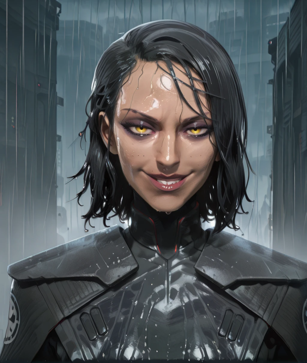 trillasudurixl, black hair, yellow eyes, looking at viewer, eyeshadow, lipstick,
upper body, wet, close up, evil smile,
armor, black bodysuit, cape, rain,
science fiction, sith base, outdoors, rain,
solo,
(insanely detailed, masterpiece, best quality,), <lora:trillasuduriXL:1>,