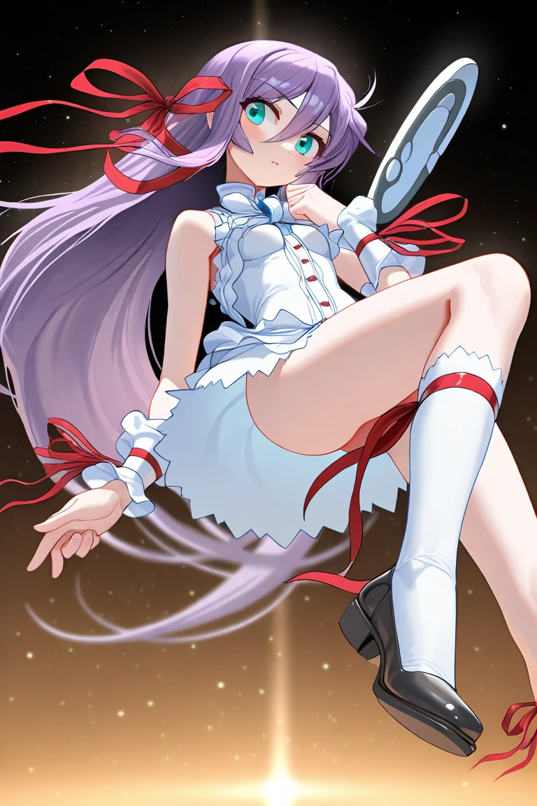 masterpiece, best quality, amazing quality, newest,detailed face, beautiful eye,<lora:AL_azif_V1.0_illustrious:1>,alazif,1girl,very long hair, ,red ribbon, hair ribbon, purple hair,green eyes,aqua eyes,small breasts,,ALoutfit1, dress, ribbon,wings, wrist cuffs,wrist_ribbon, kneehighs, white socks,leg ribbon,shoes,white bowtie,moonlit night, floating in the air, ribbons fluttering, starry background, ethereal glow