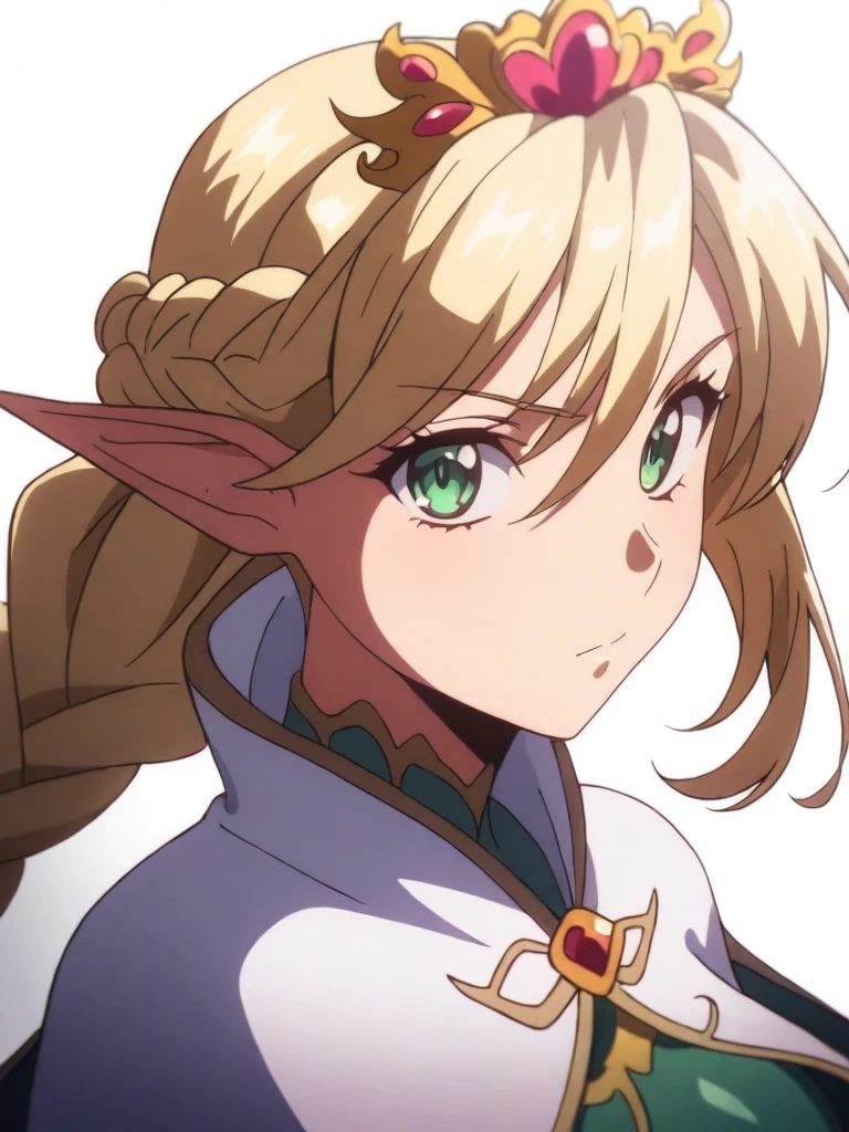 solo,masterpiece,high score,great score,absurdres,upper_body,white background,anime coloring,looking at viewer,<lora:AlmiaAgraliel ag4o:1> almiaagraliel, blonde hair, braid, pointy ears, green eyes,tiara,