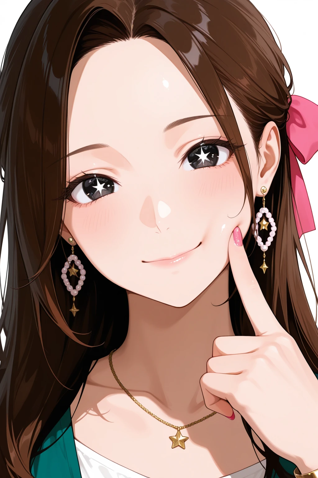 1girl,black_eyes,bracelet,brown_hair,cheek_poking,collarbone,earrings,finger_to_cheek,hair_ribbon,head_tilt,highres,hina_\(xoxo\),jewelry,long_hair,looking_at_viewer,necklace,pink_nails,pink_ribbon,poking,portrait,ribbon,shirt,simple_background,smile,solo,star-shaped_pupils,star_\(symbol\),symbol-shaped_pupils
